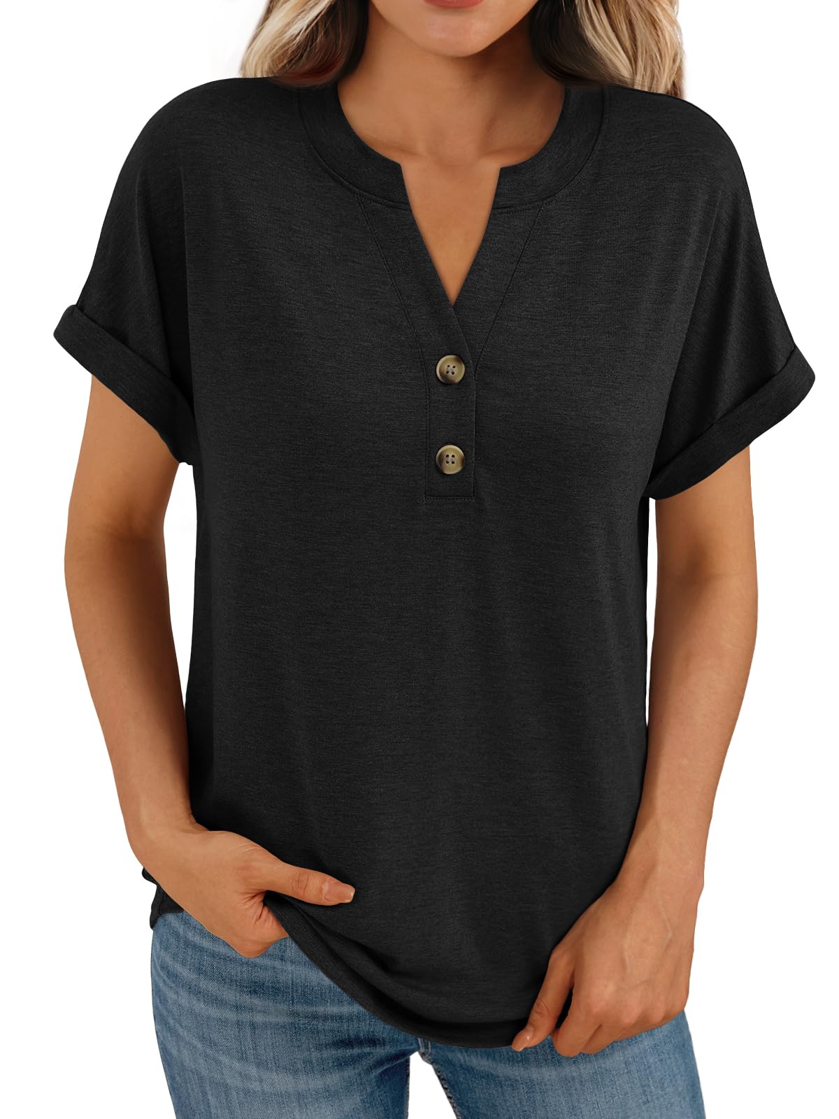 AUTOMET Women's Short Sleeve Shirts Henley Dressy Casual Summer Tops 2025 Trendy Blouses Cute T-Shirts Outfits Clothes