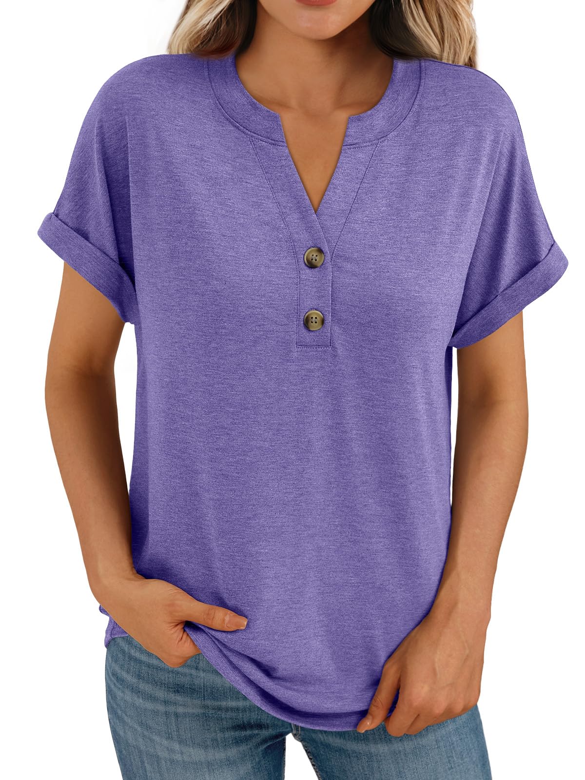 AUTOMET Women's Short Sleeve Shirts Henley Dressy Casual Summer Tops 2025 Trendy Blouses Cute T-Shirts Outfits Clothes