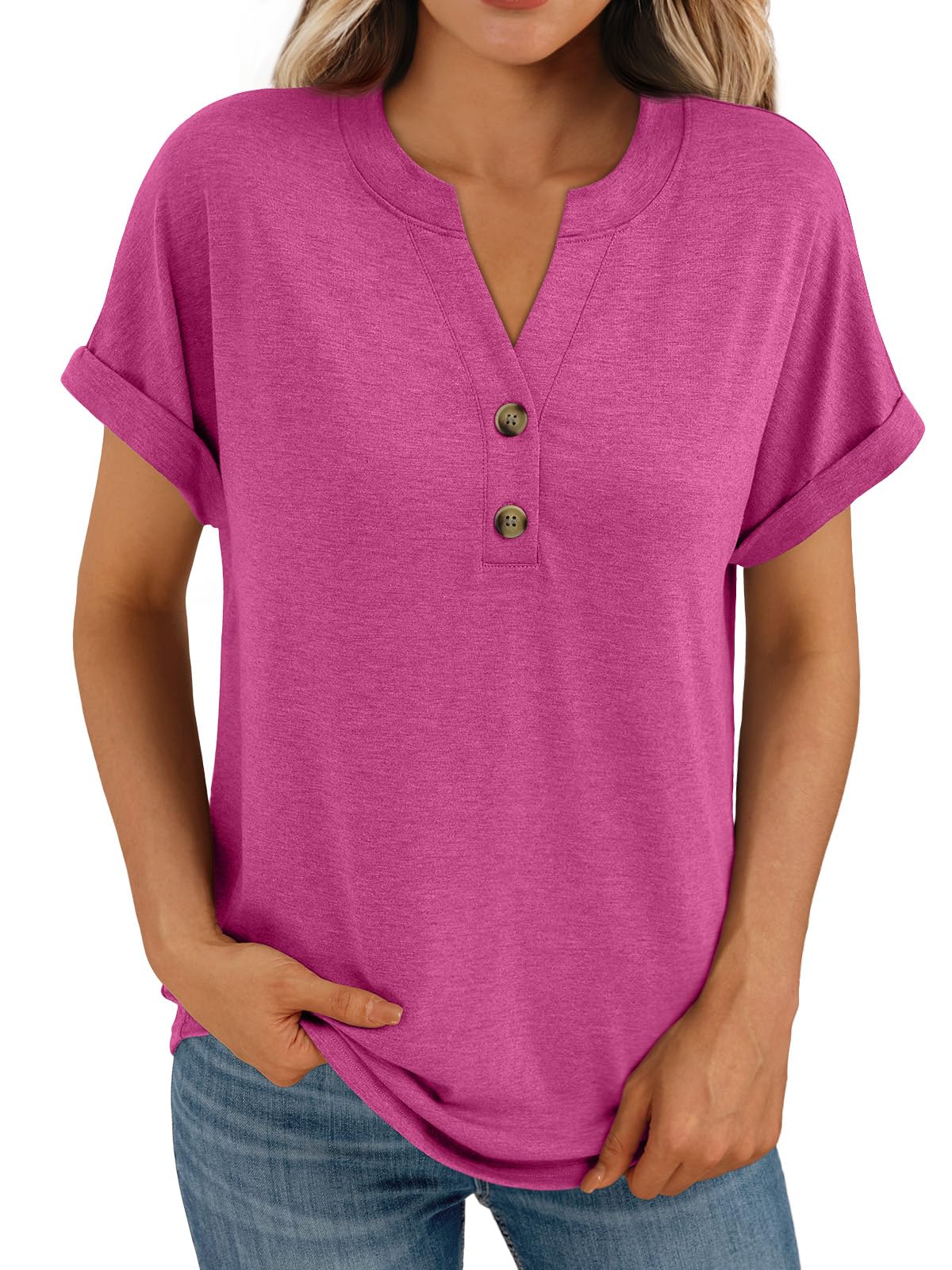 AUTOMET Women's Short Sleeve Shirts Henley Dressy Casual Summer Tops 2025 Trendy Blouses Cute T-Shirts Outfits Clothes