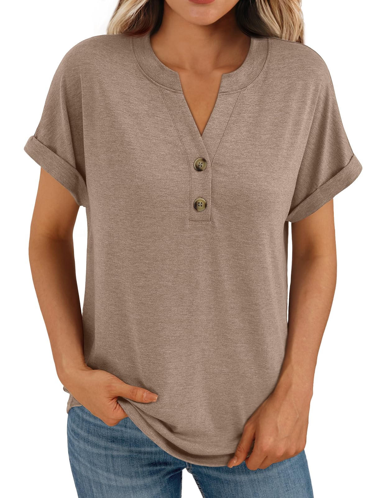 AUTOMET Women's Short Sleeve Shirts Henley Dressy Casual Summer Tops 2025 Trendy Blouses Cute T-Shirts Outfits Clothes