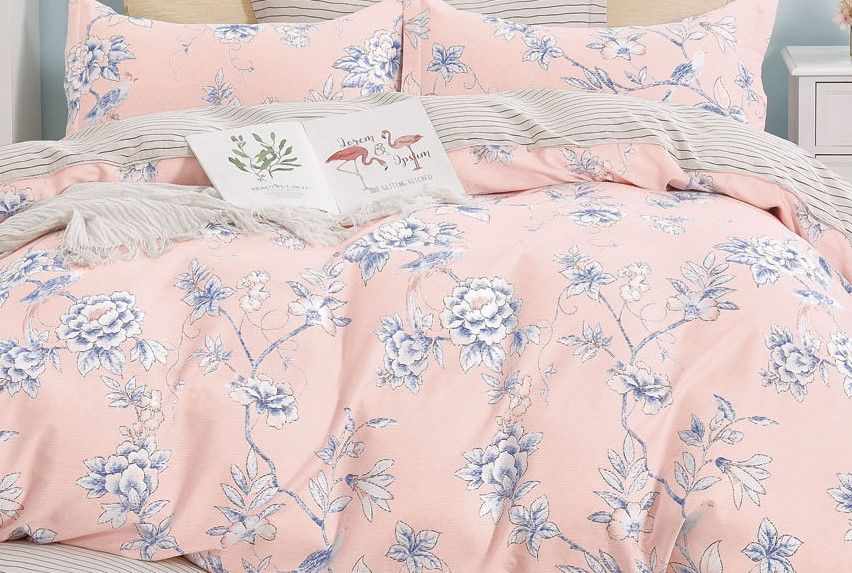 Ava Pink/Blue Floral 100% Cotton Reversible Comforter Set