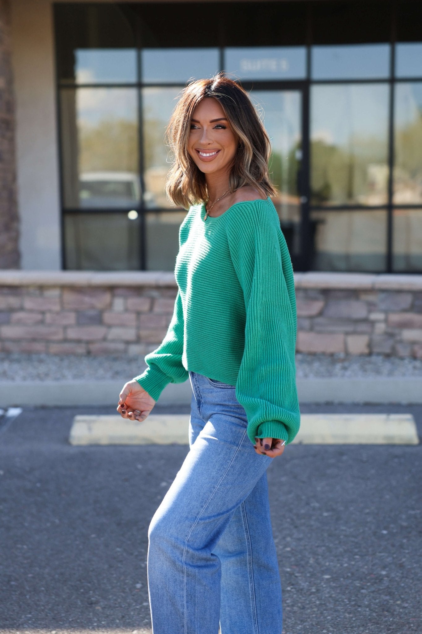 Avery Ribbed Boat Neck Sweater - Green