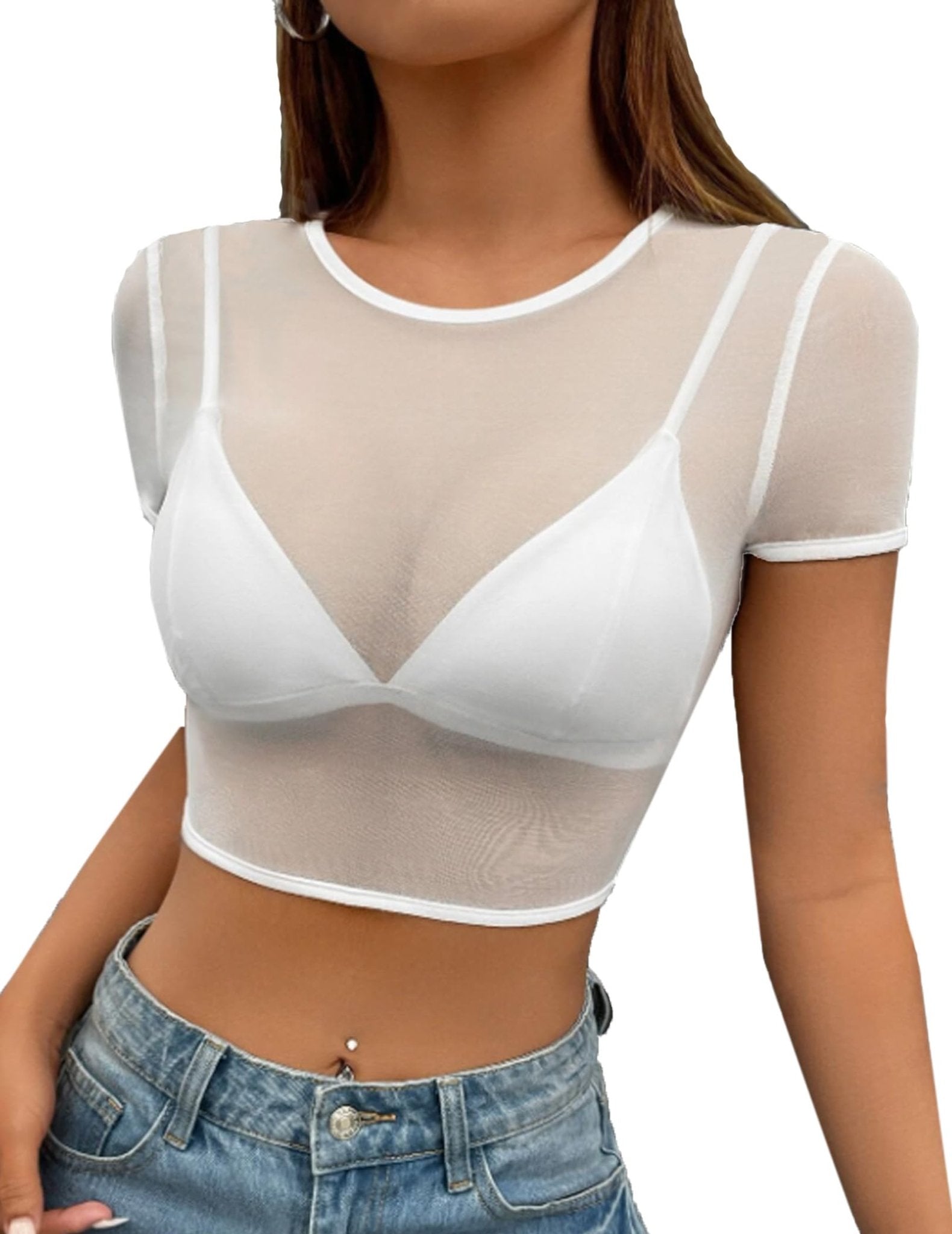 Avidlove Mesh Crop Top for Women Short Sleeve Bodycon Tees Y2k See Through Blouse O Neck Clubwear