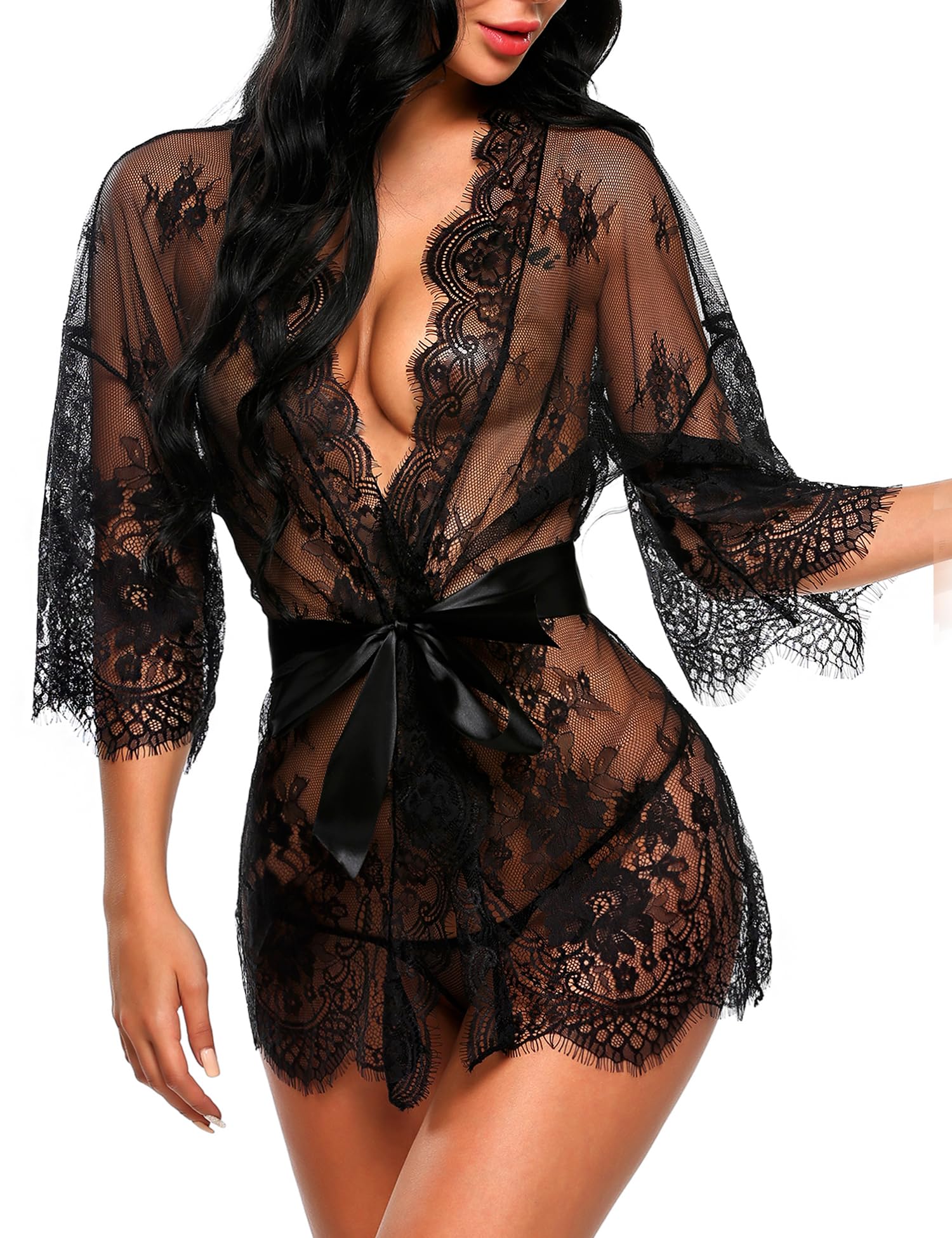 Avidlove Women's Lace Kimono Robe Babydoll Lingerie Mesh Nightgown S-5XL
