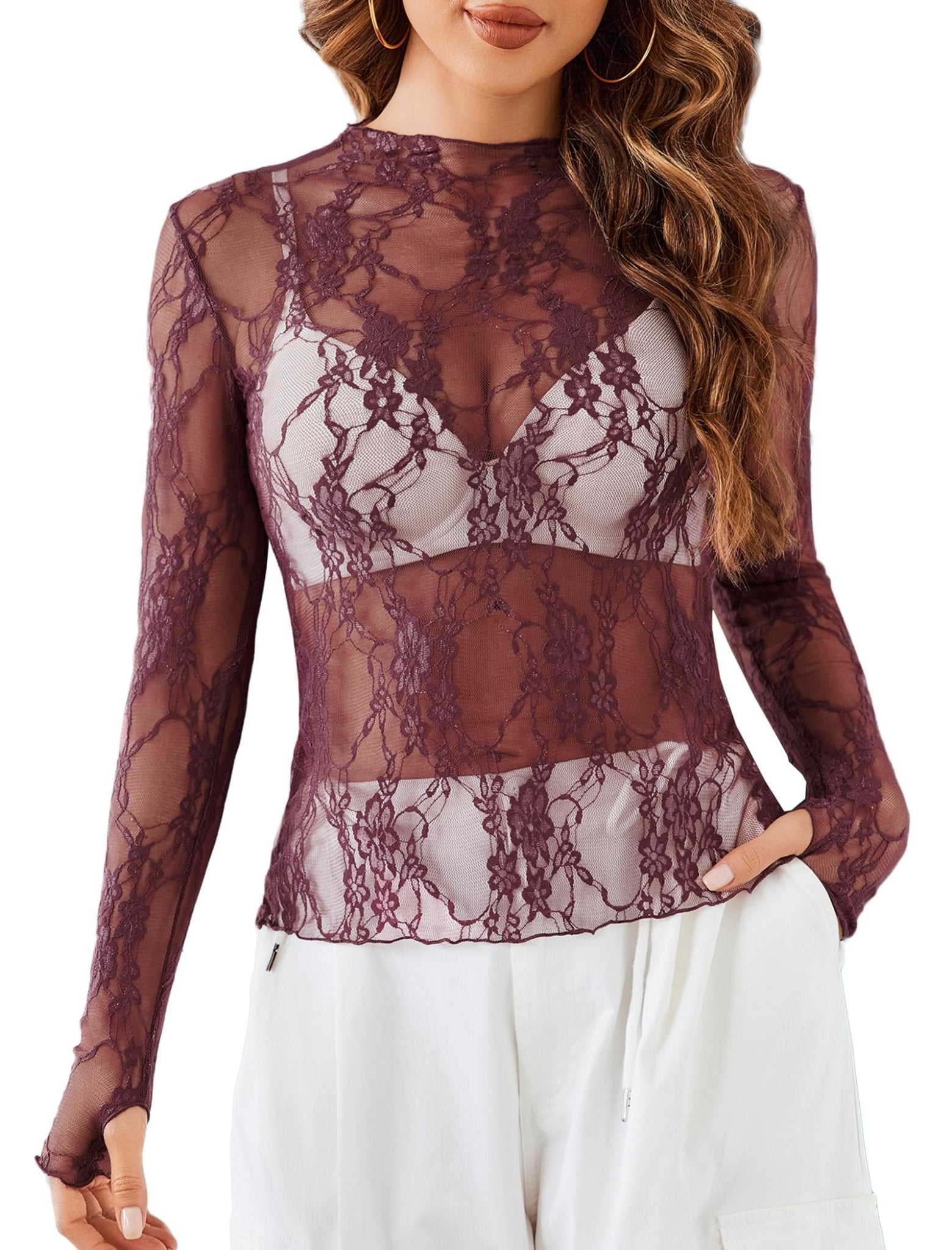 Avidlove Women's Mesh Top Long Sleeve Mock Neck Sheer Blouse See Through Floral Lace Tops