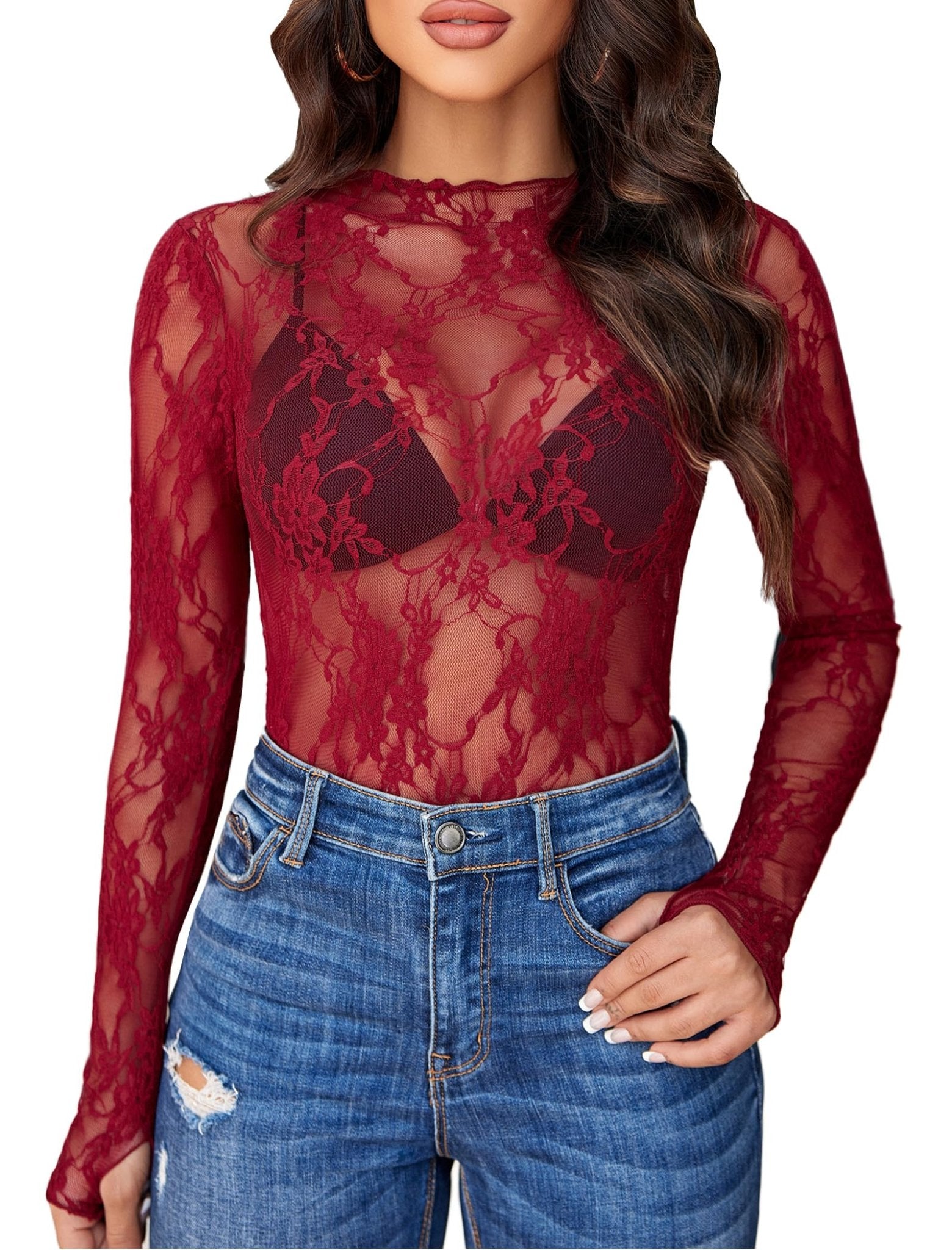 Avidlove Women's Mesh Top Long Sleeve Mock Neck Sheer Blouse See Through Floral Lace Tops