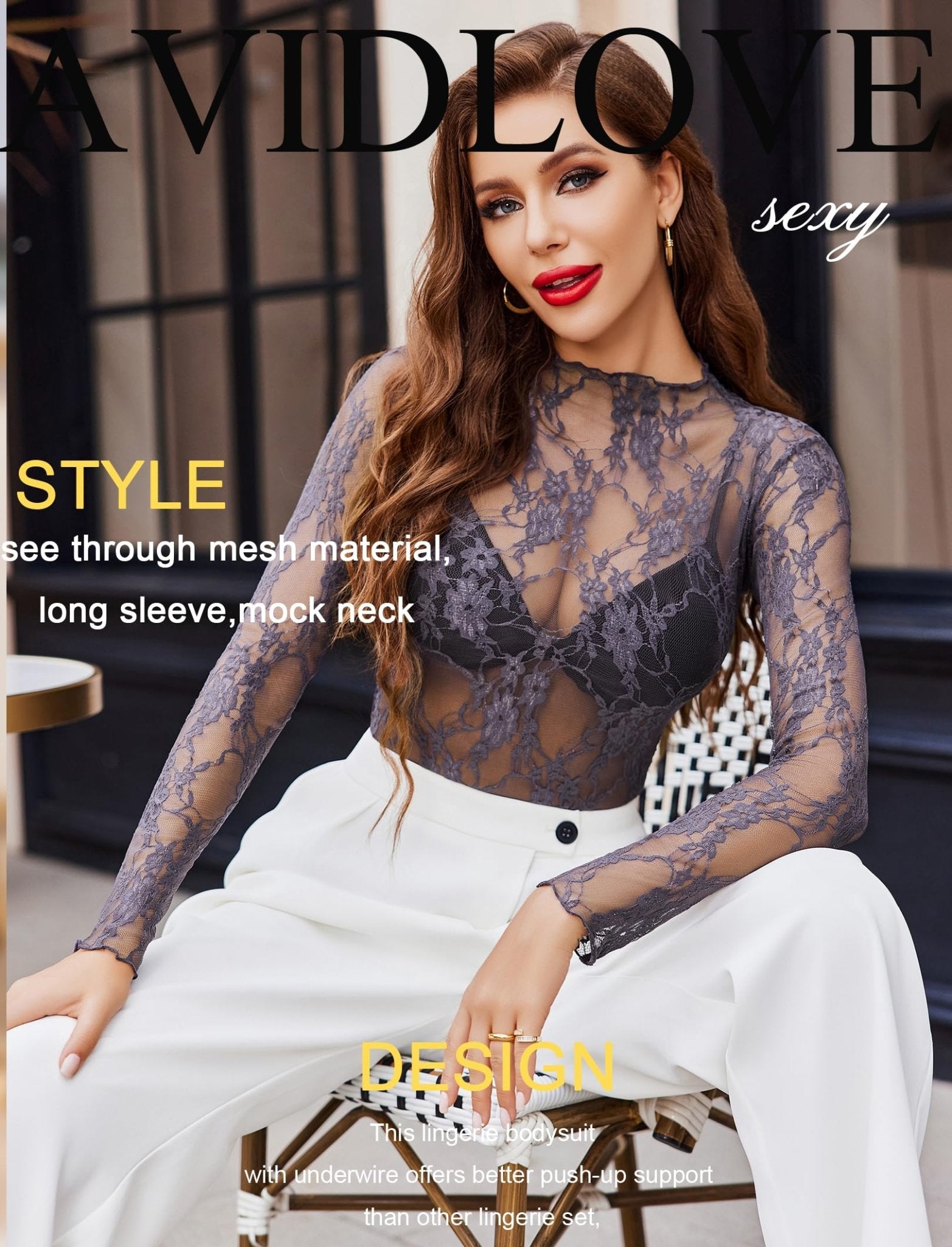 Avidlove Women's Mesh Top Long Sleeve Mock Neck Sheer Blouse See Through Floral Lace Tops