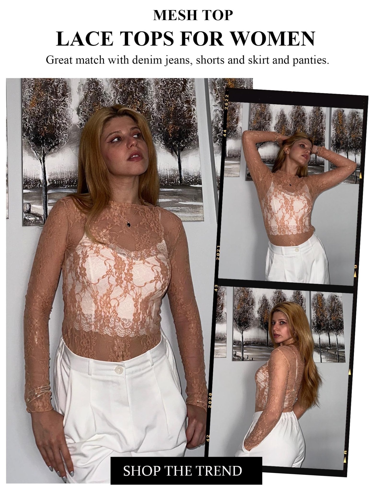 Avidlove Women's Mesh Top Long Sleeve Mock Neck Sheer Blouse See Through Floral Lace Tops