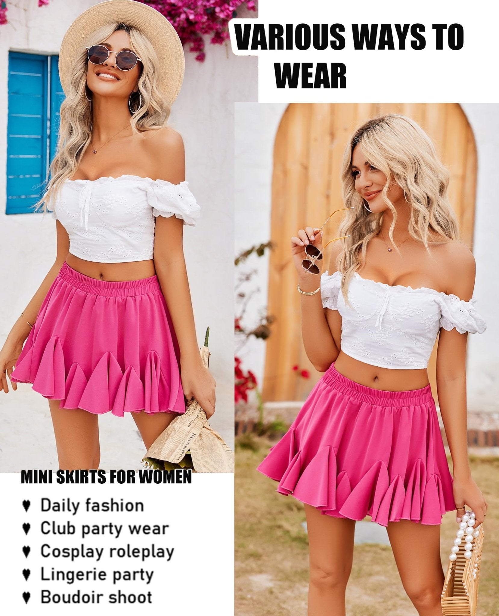 Avidlove Women's Pleated Skater Skirt Basic Casual High Waisted Ruffles Flared Mini Lingerie Skirts