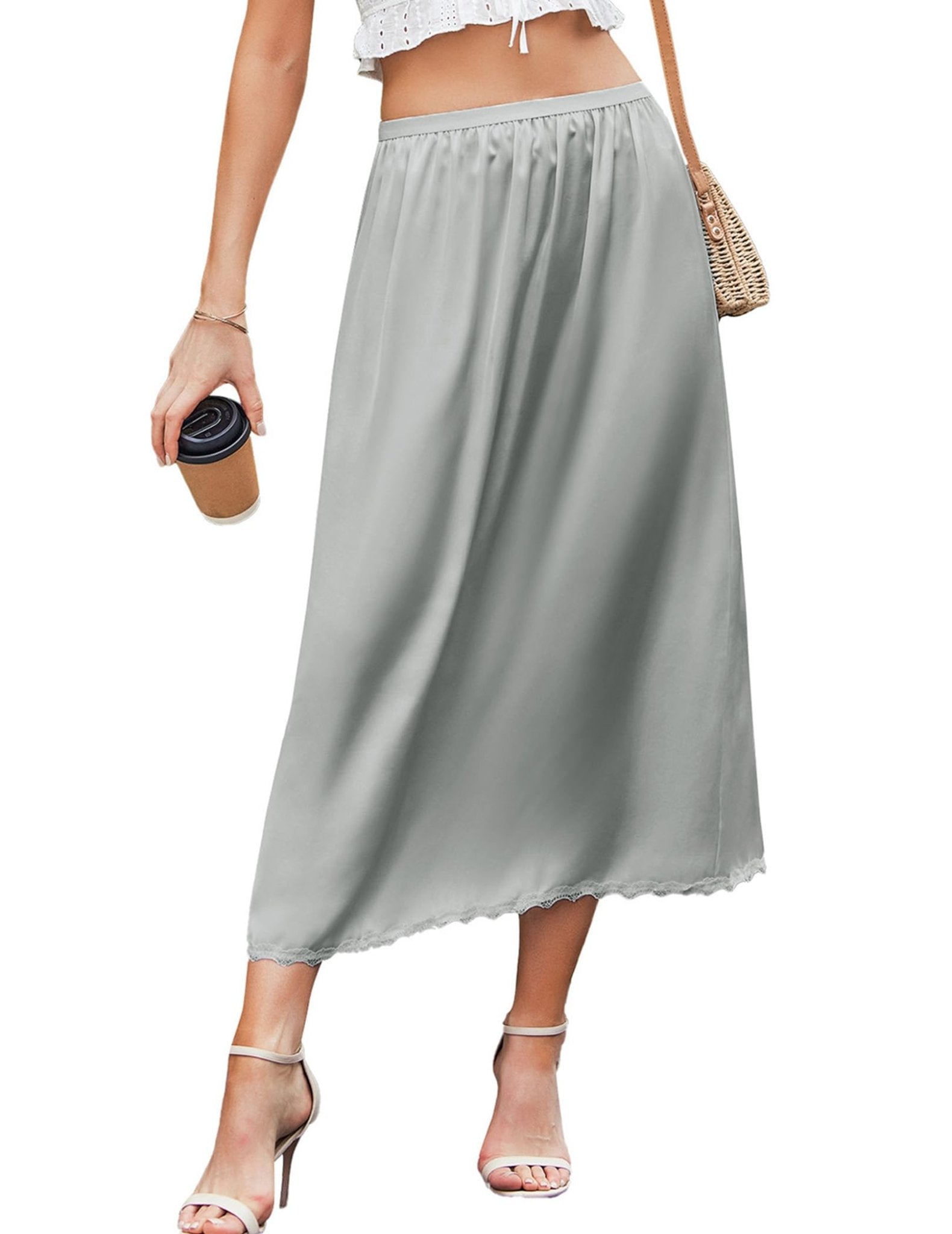 Avidlove Women's Satin Half Slip 36" Lace Long Underskirt S-XXL