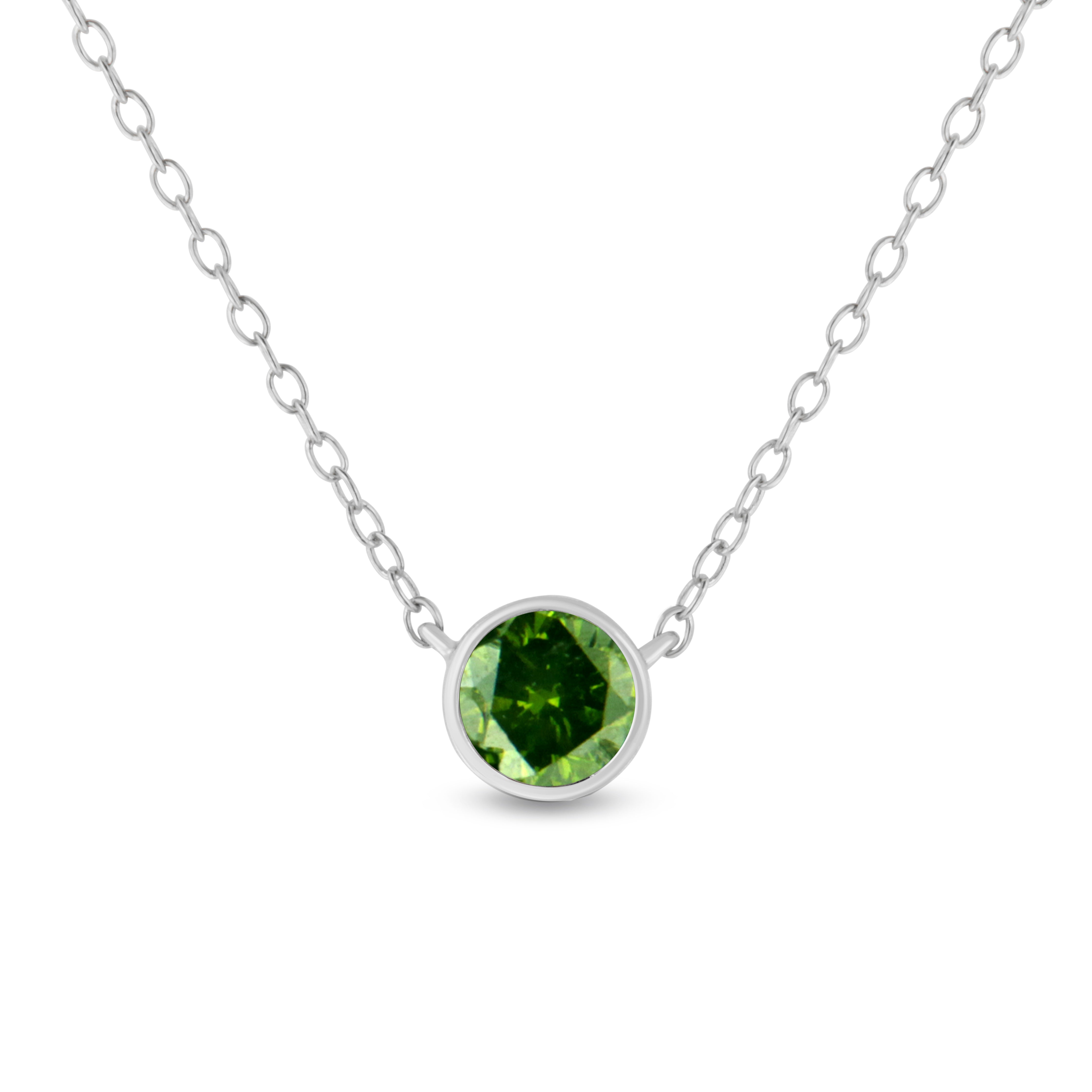 .925 Sterling Silver 1/2 Cttw Treated Green Diamond Bezel Solitaire 18" Pendant Necklace (Green Color, I2-I3 Clarity)