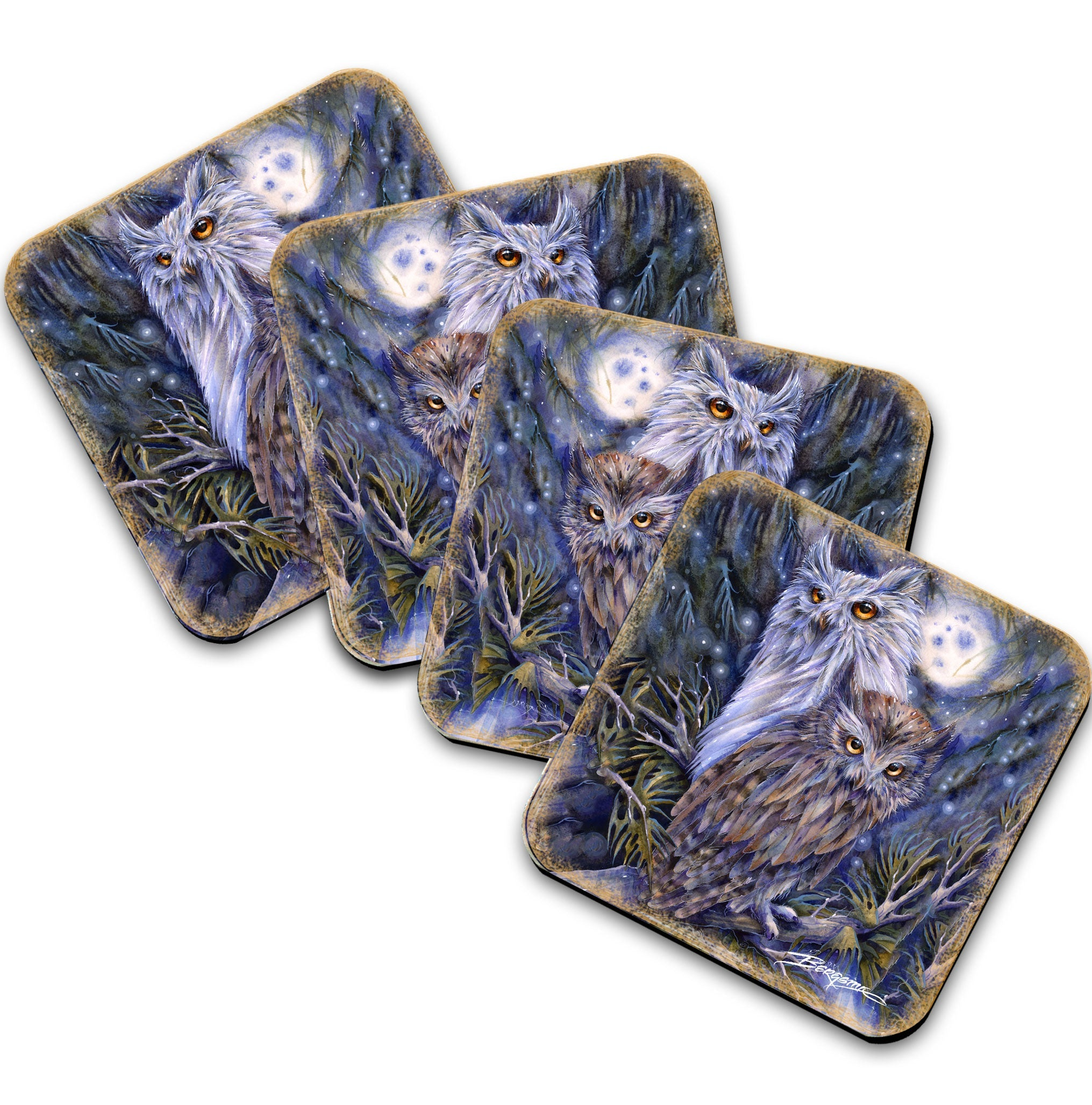 Night Watch Owls Wooden Cork Coasters Gift Set of 4 by J. Bergsma - Wildlife Decor  - 8199465C-S4