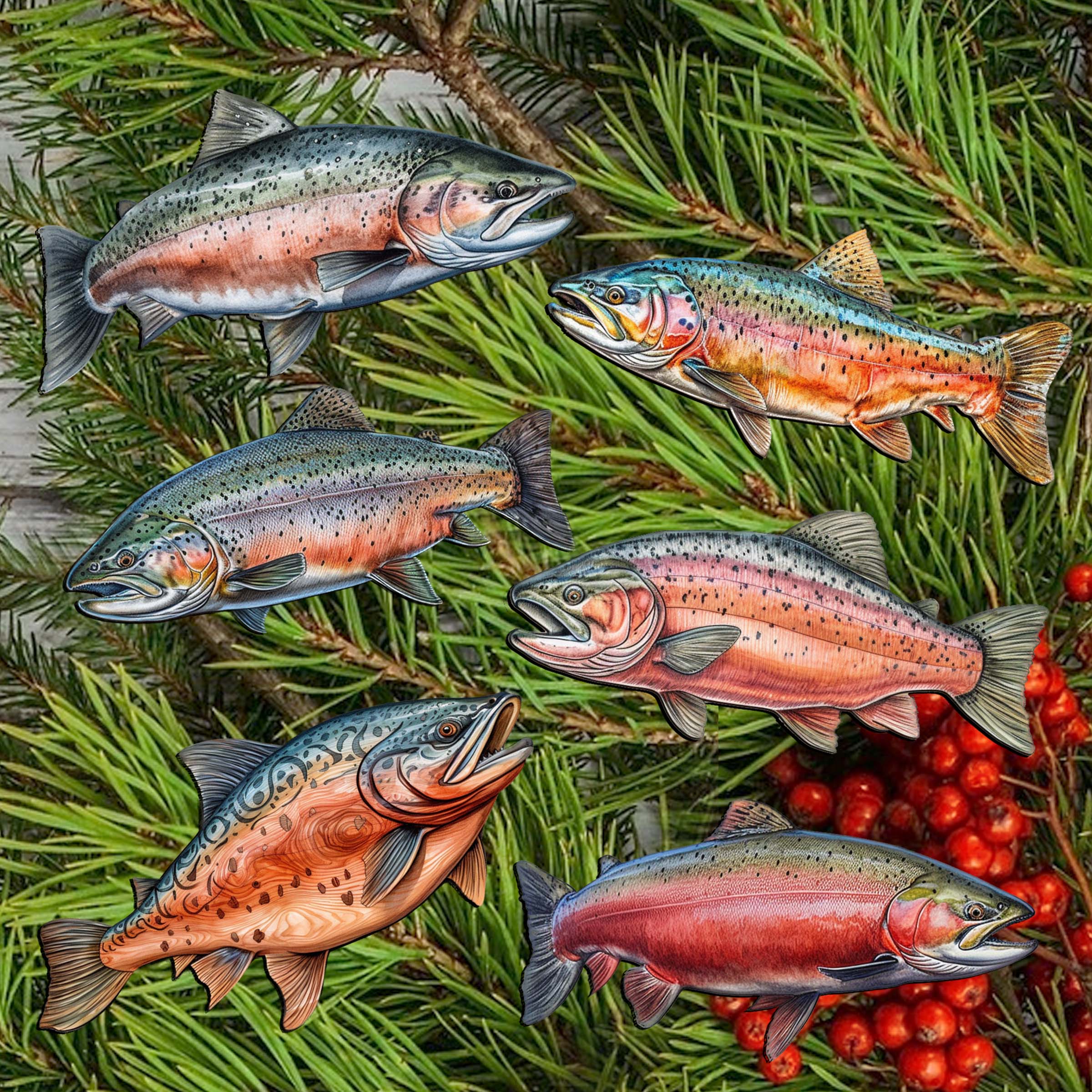 Wild Salmon Tales Decorative Wooden Clip-on Ornaments Set of 6 by G. Debrekht - Wildlife Decor - 8090109C-S6