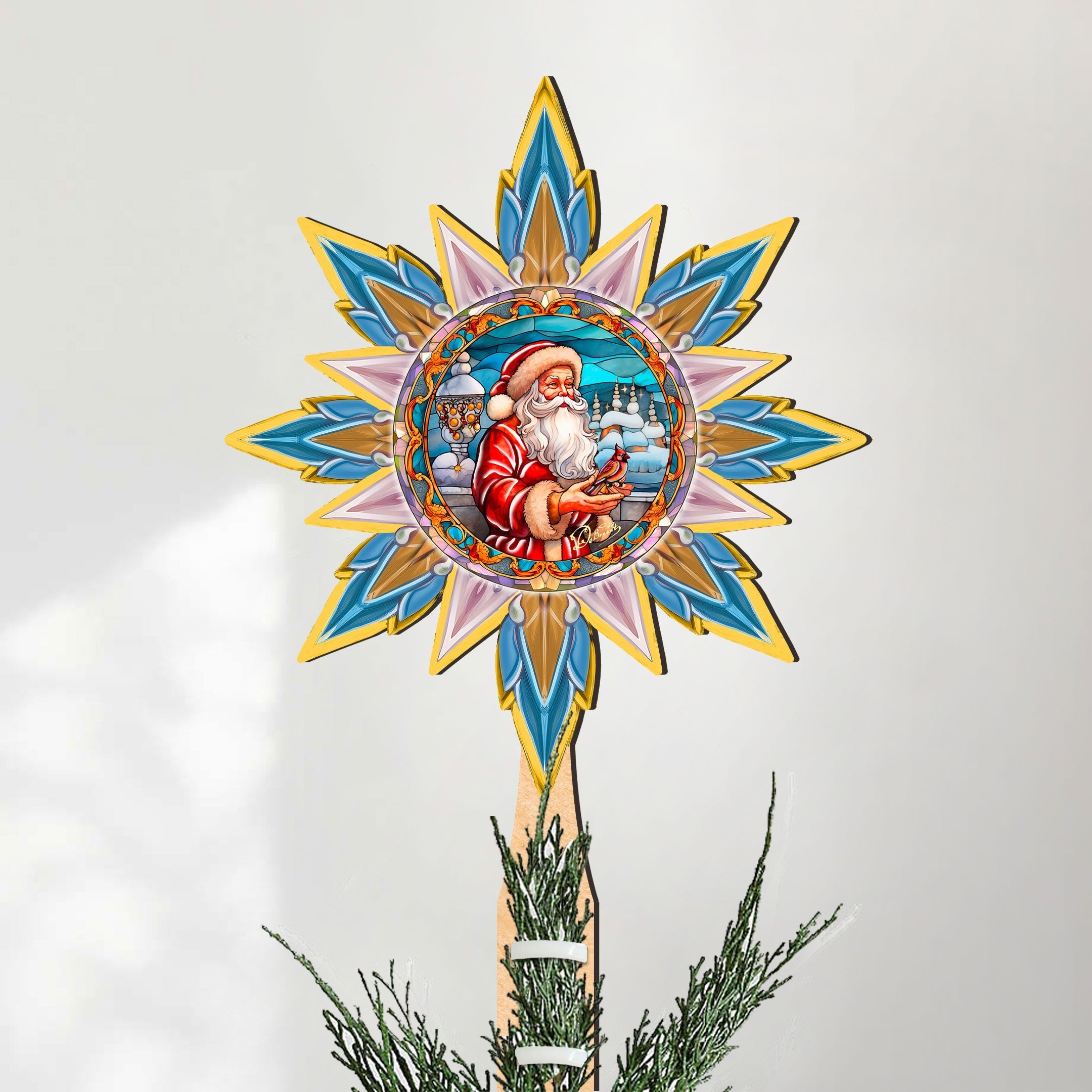 Santa with Cardinal Star Tree Topper Wooden Decor by G. Debrekht - Santa Snowman Decor - 89507