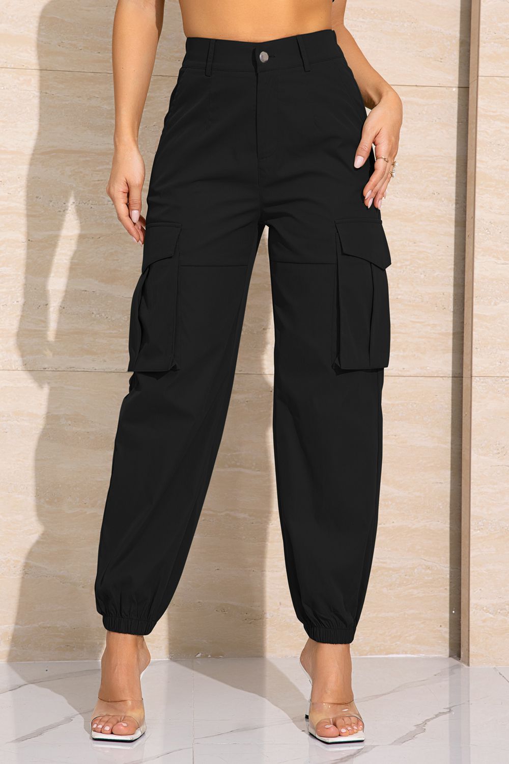 Buttoned High Waist Long Pants With Pockets