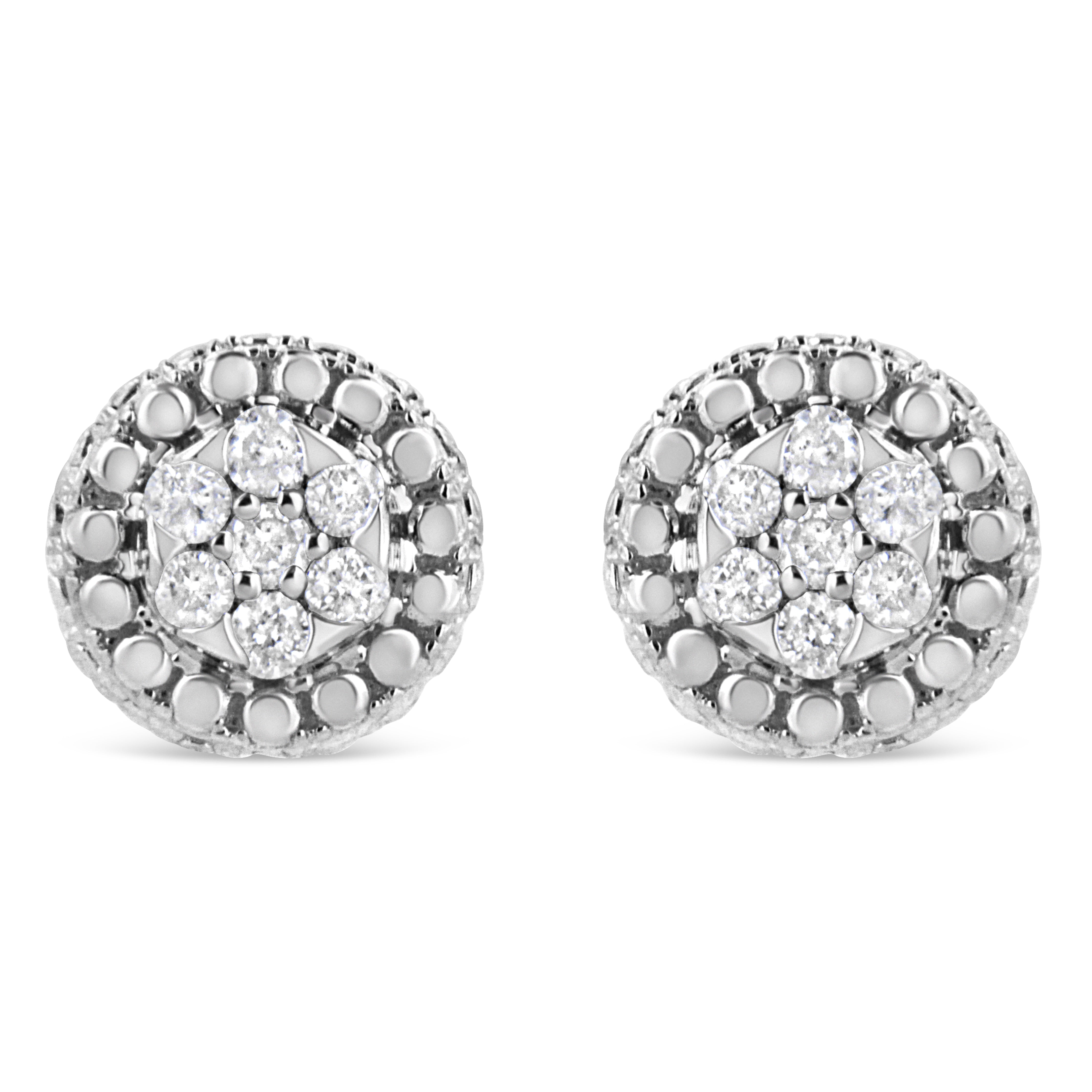 .925 Sterling Silver 1/3 Cttw 7 Stone Pave Set Diamond Beaded Stud Earrings (I-J Color, I2-I3 Clarity)