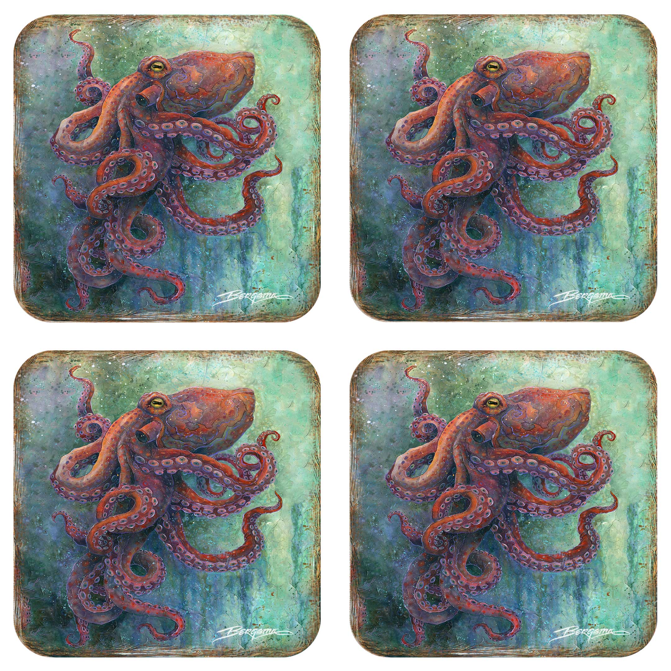 Octopus Wooden Cork Coasters Gift Set of 4 by J. Bergsma - Coastal Decor  - 8199459C-S4
