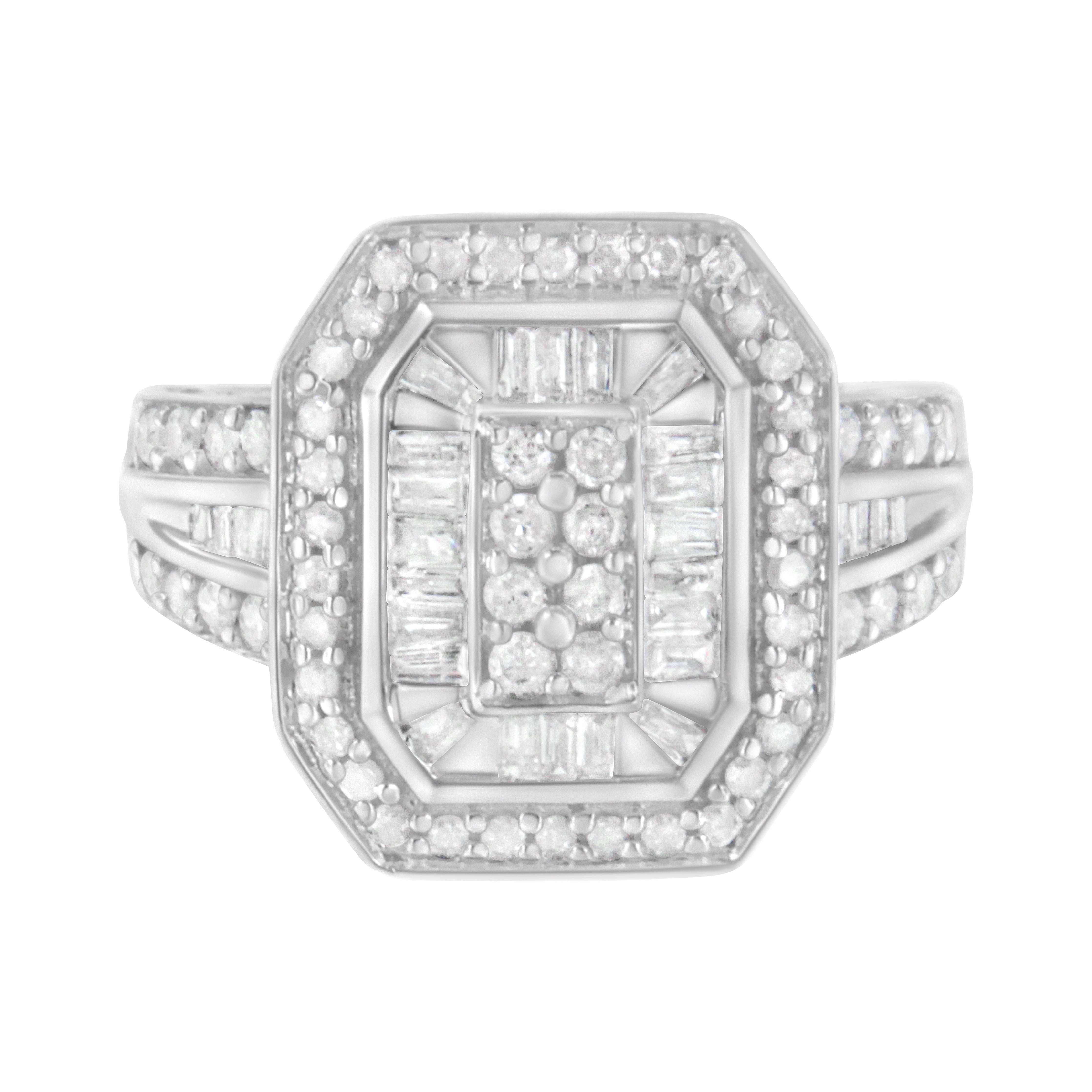 .925 Sterling Silver Round And Baguette Diamond Cathedral Ring (0.75 Cttw, H-I Color, I2-I3 Clarity) - Size 7-1/2