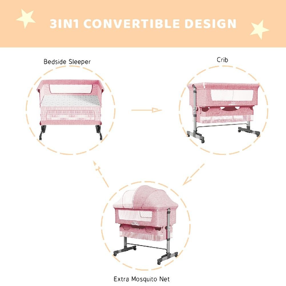 Baby Bassinet, Bedside Sleeper,Foldable Baby Bed to Bed, Adjustable Portable Bed for Infant/Baby/Newborn,with Mosquito Nets, Large Storage Bag, Comfortable Mattresses, Lockable Wheels
