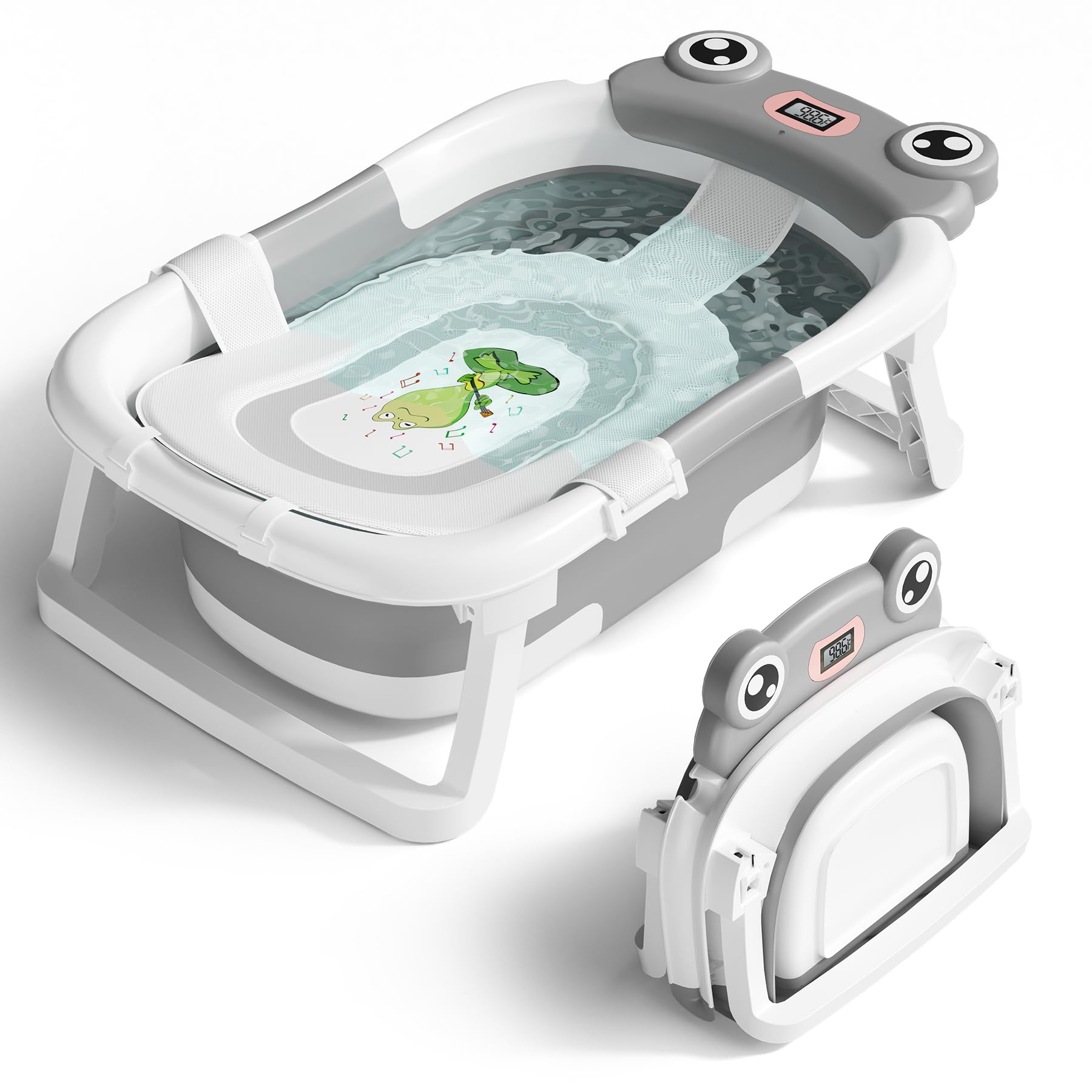 Baby Bathtub, Collapsible Newborn Bathtub for Infant to Toddler 0-24 Months with Soft Cushion and Thermometer,Portable Travel Newborn Tub with No-Slip Feet, Baby Shower Gifts,Green