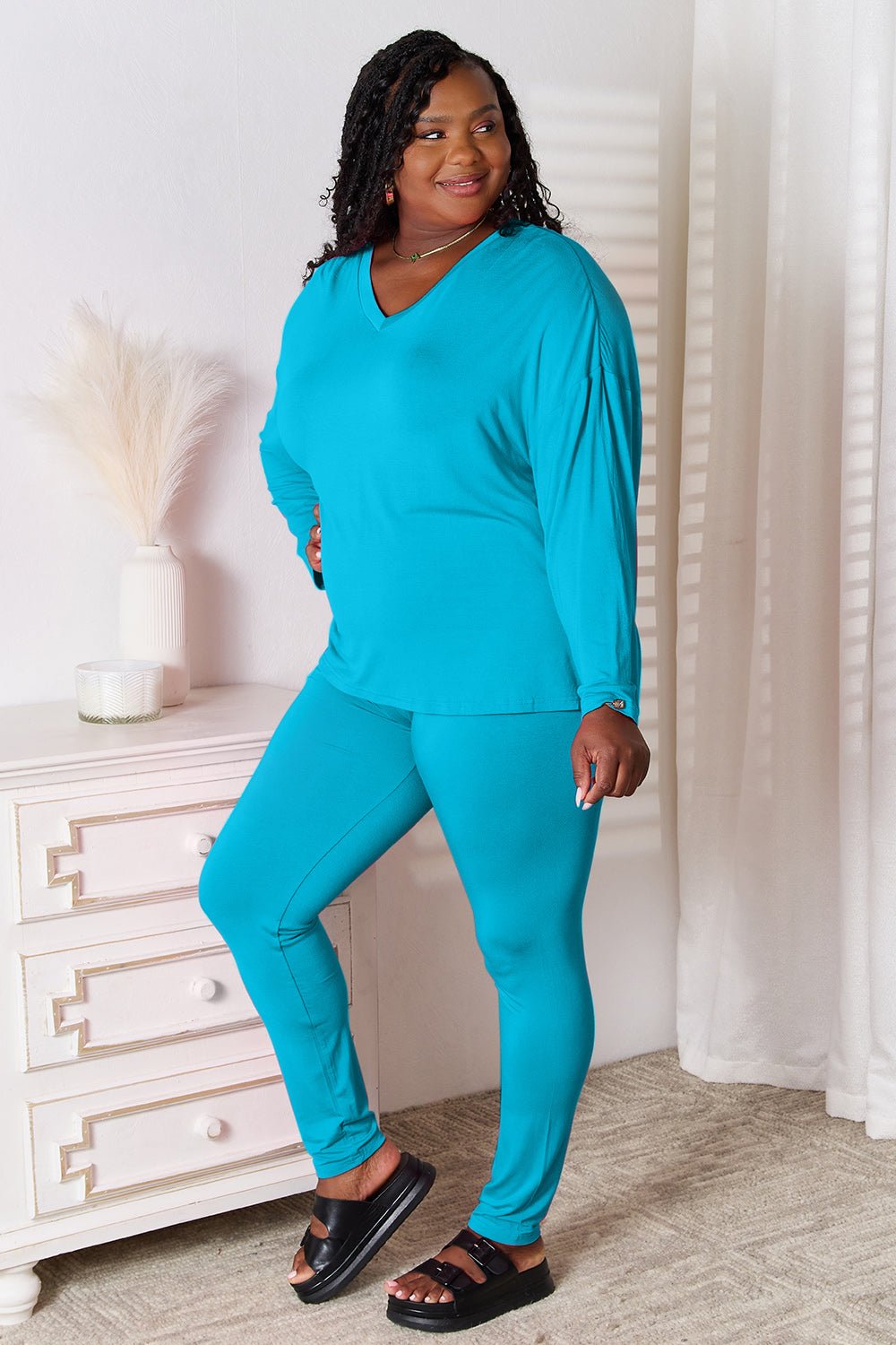 Basic Bae Full Size V-Neck Soft Rayon Long Sleeve Top and Pants Lounge Set Loungewear for women