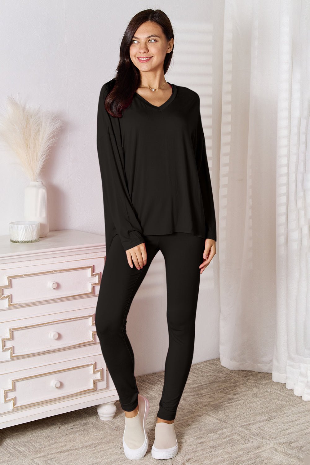 Basic Bae Full Size V-Neck Soft Rayon Long Sleeve Top and Pants Lounge Set Loungewear for women