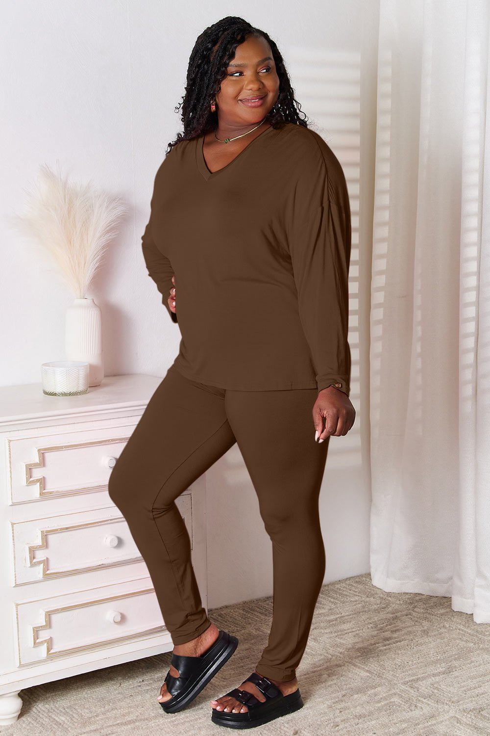 Basic Bae Full Size V-Neck Soft Rayon Long Sleeve Top and Pants Lounge Set Loungewear for women