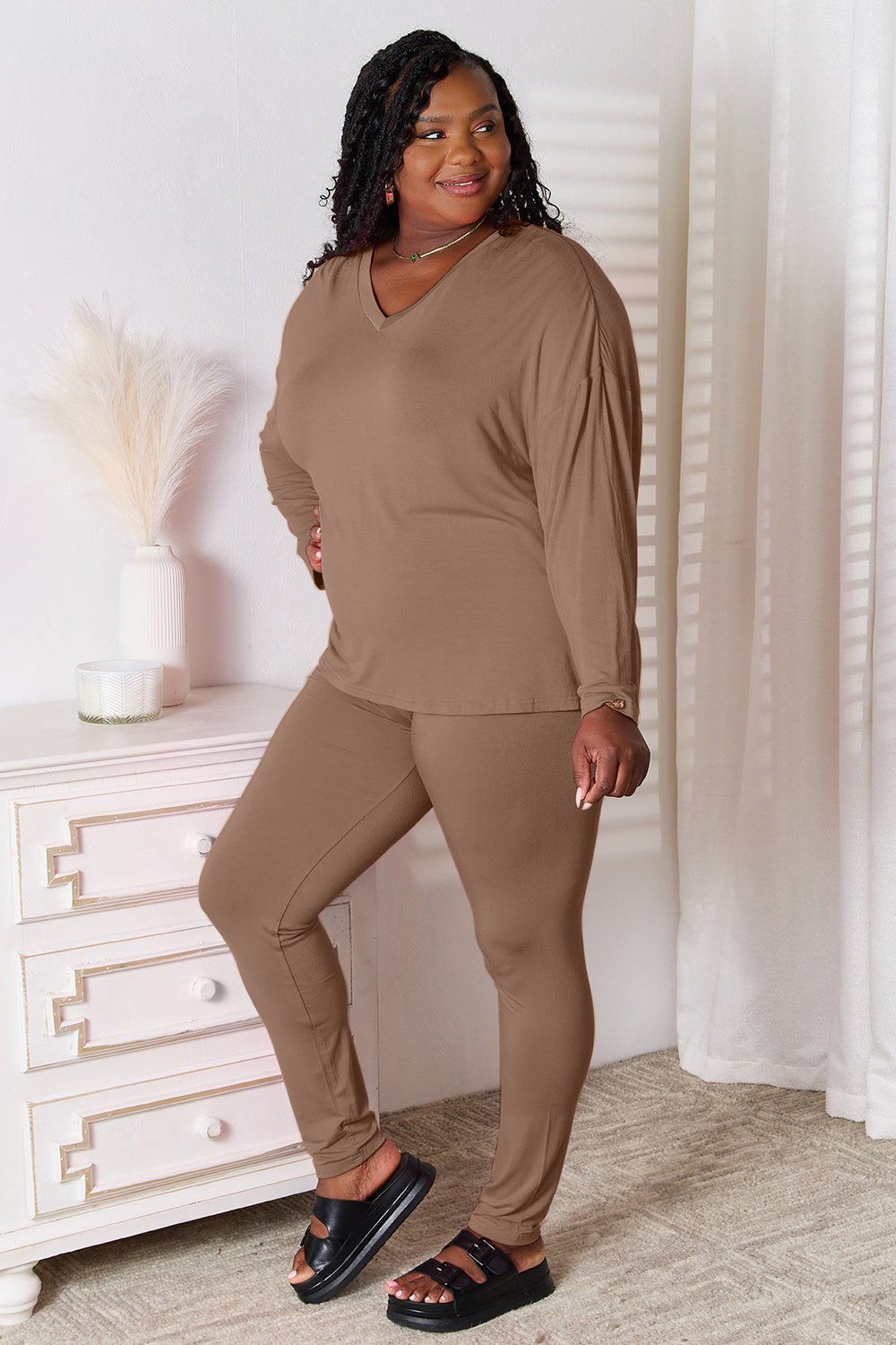 Basic Bae Full Size V-Neck Soft Rayon Long Sleeve Top and Pants Lounge Set Loungewear for women