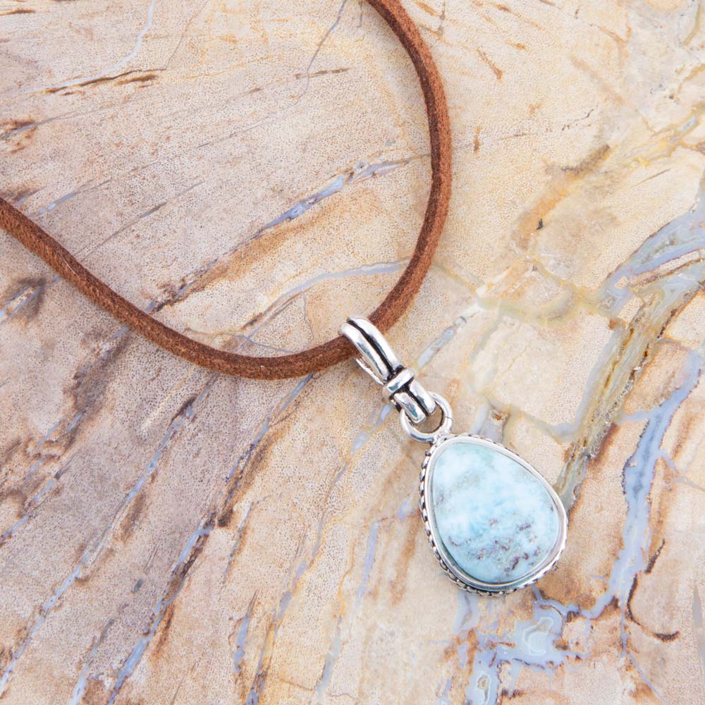 Basic Blue Larimar and Sterling Silver Pendant Leather Necklace