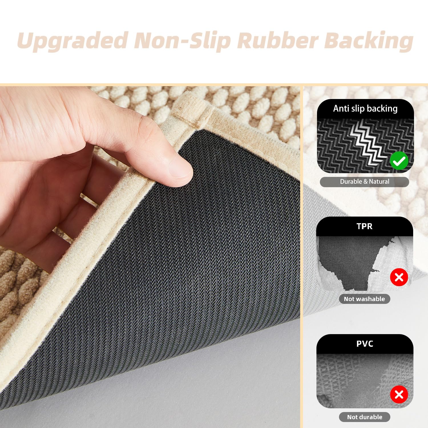 Bathroom Rug - Soft and Absorbent Chenille with Rubber Backing, Quick-Dry Mat Washable Runner Rug for Shower Floor, Bathmat Accessories and Decor Khaki 16"*24"