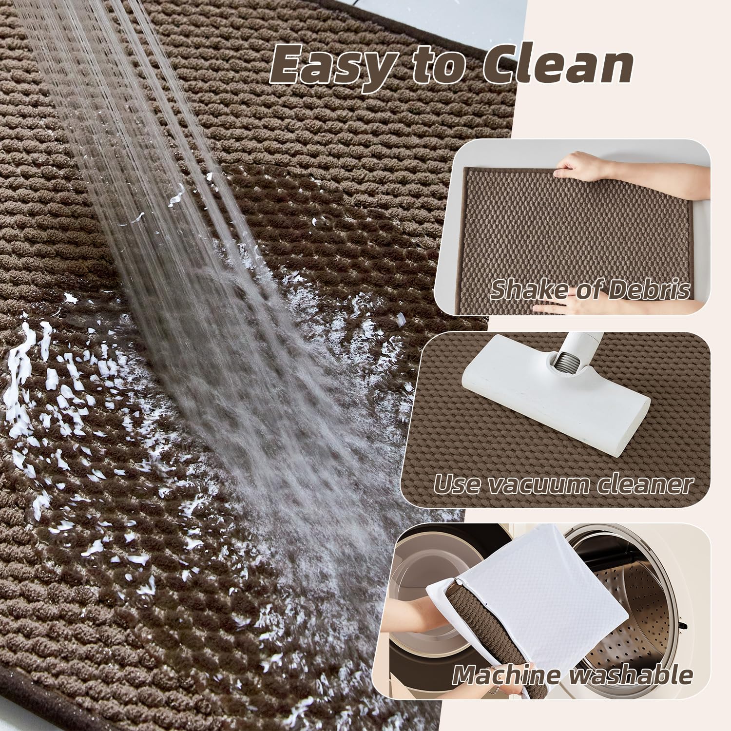 Bathroom Rug - Soft and Absorbent Chenille with Rubber Backing, Quick-Dry Mat Washable Runner Rug for Shower Floor, Bathmat Accessories and Decor Khaki 16"*24"
