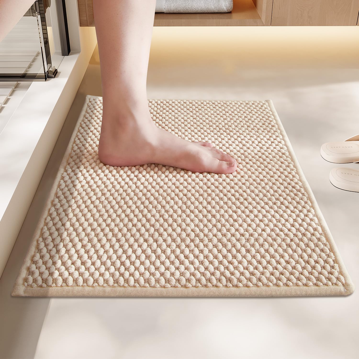 Bathroom Rug - Soft and Absorbent Chenille with Rubber Backing, Quick-Dry Mat Washable Runner Rug for Shower Floor, Bathmat Accessories and Decor Khaki 16"*24"