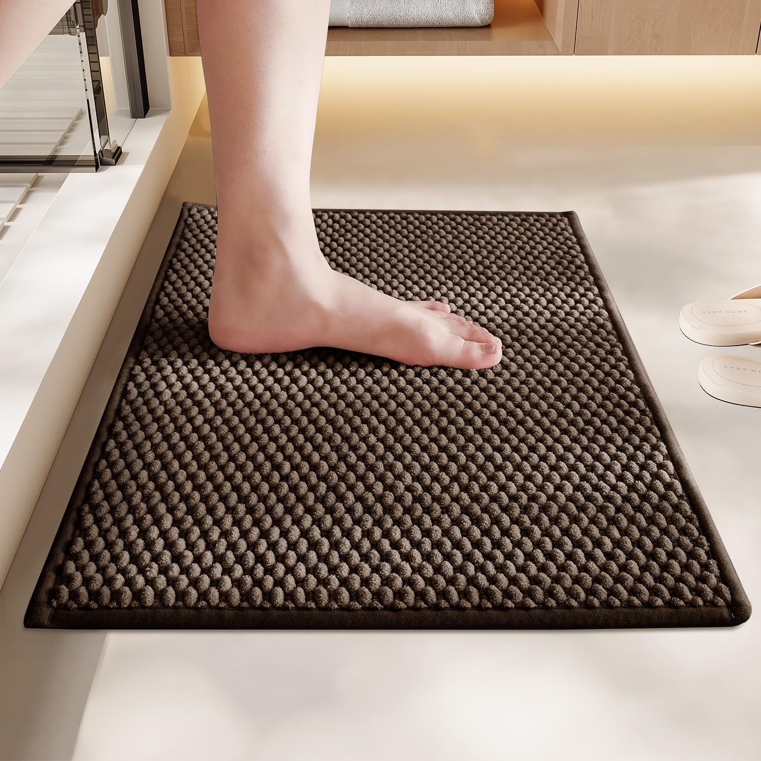 Bathroom Rug - Soft and Absorbent Chenille with Rubber Backing, Quick-Dry Mat Washable Runner Rug for Shower Floor, Bathmat Accessories and Decor Khaki 16"*24"