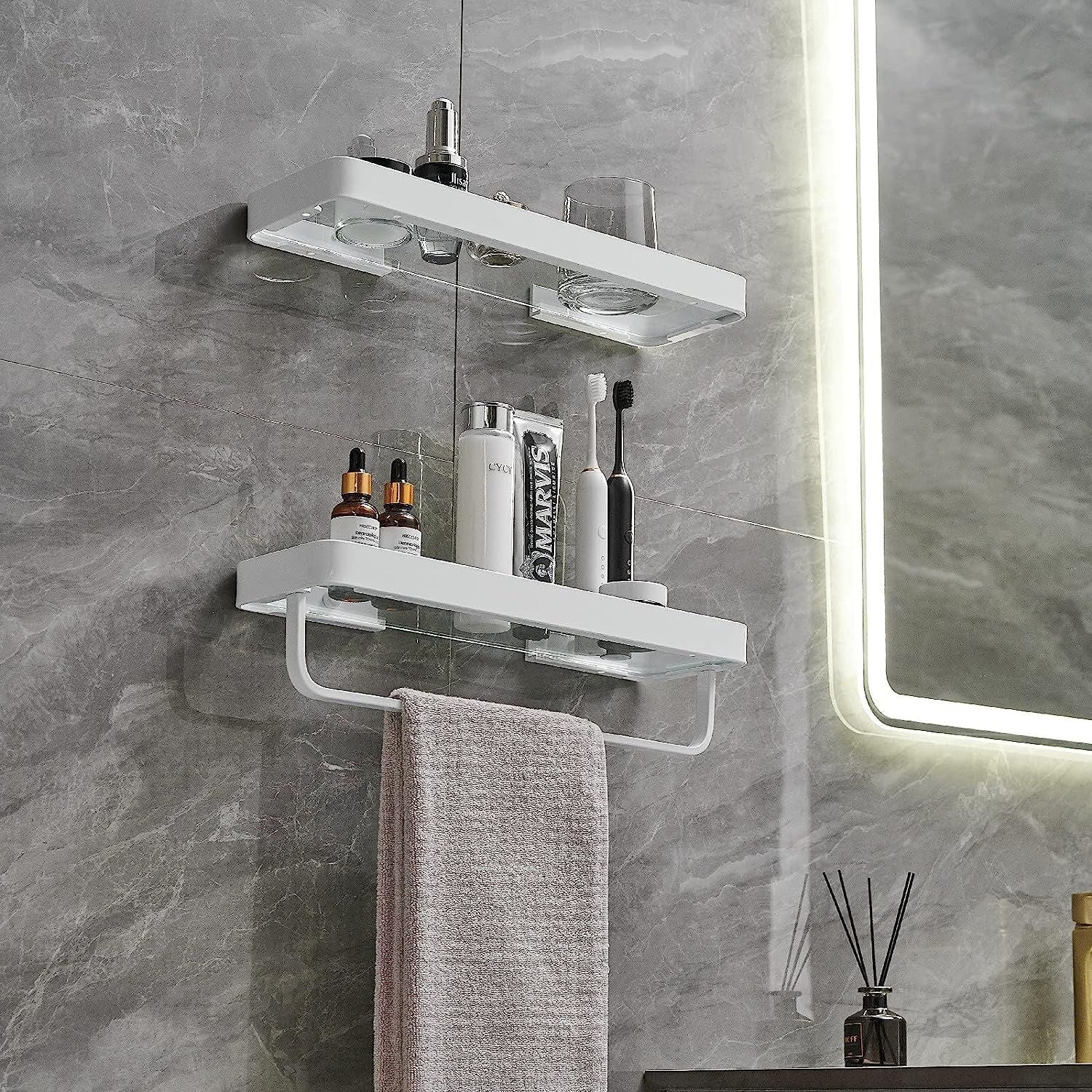 Bathroom Shelves Wall Mounted Glass Shelves for Bathroom Floating Shelf with Towel Holder Glass Shower Shelf 2 Tier Bathroom Wall Organizer