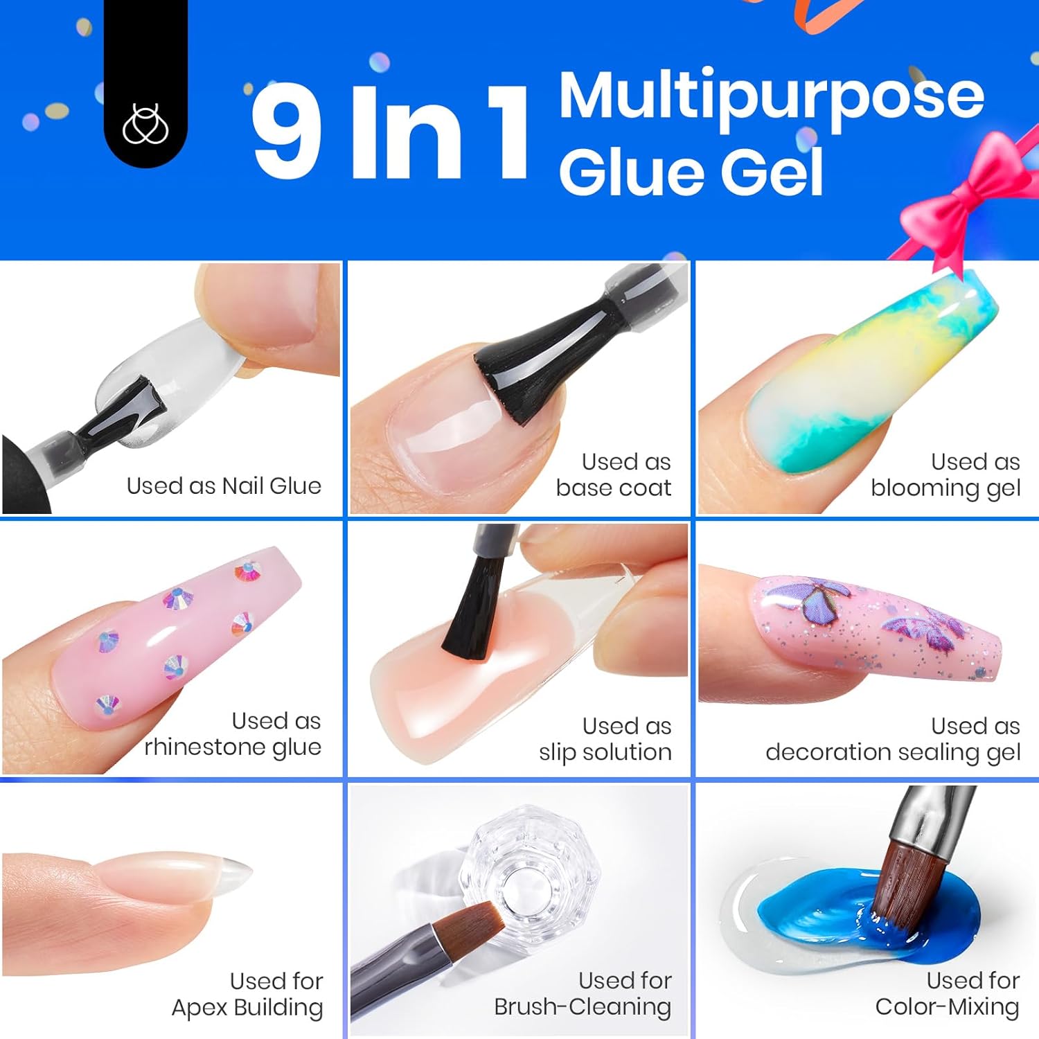 beetles Gel Polish 9 In 1 Gel Nail Glue for Clear Acrylic Nail Tips 2 Pcs 15ml Long Lasting Nail Gel Kit for False Nails Tips, Base Blooming Nail Gel, U V Light Required