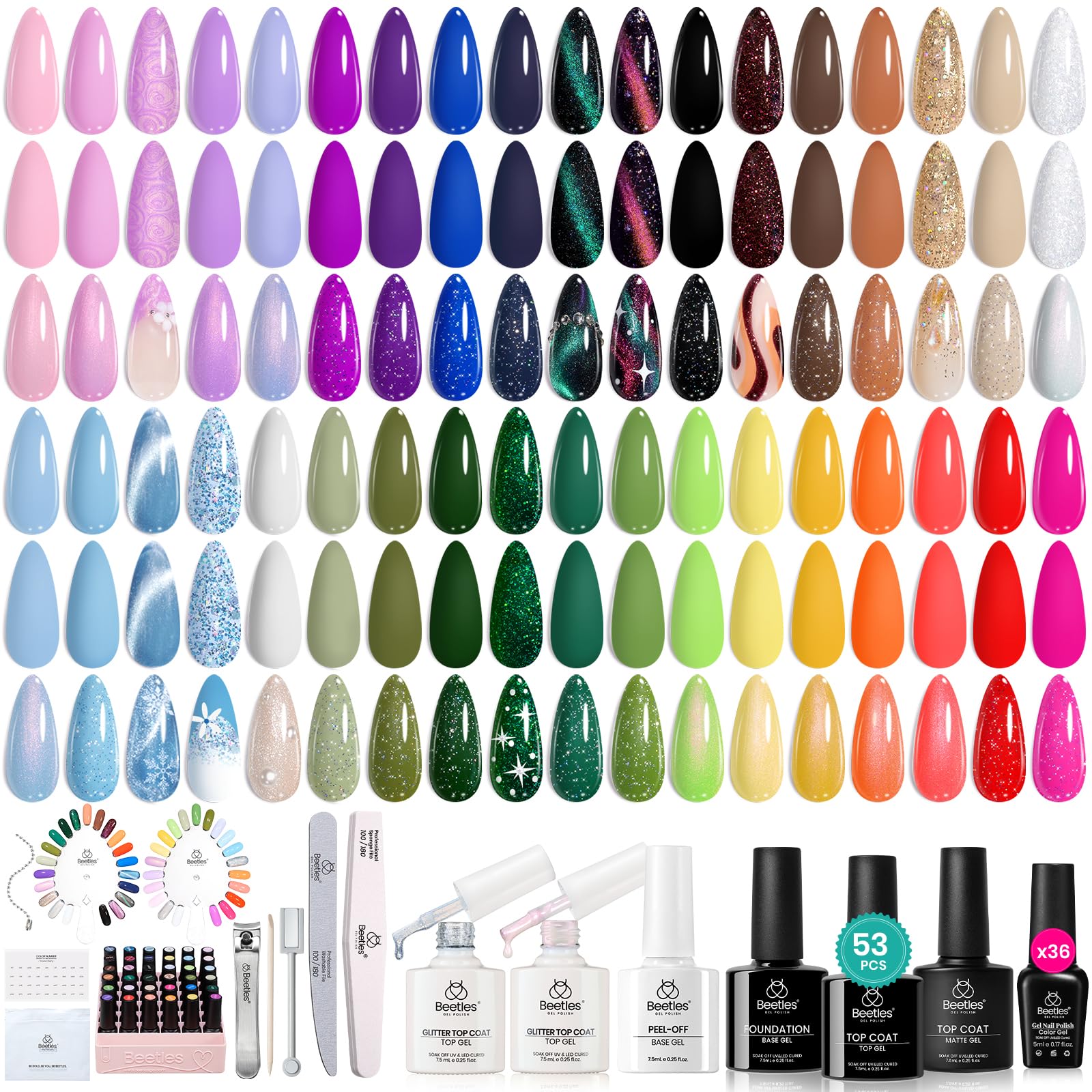 beetles Gel Polish Set Fall Gel Nail Polish Kit 36 Pcs 32 Colors with Base Top Coat Burgundy Red Blue Purple Hot Pink Green Black White Uv LED Lamp Nails Gifts for Women Fingertip Palette