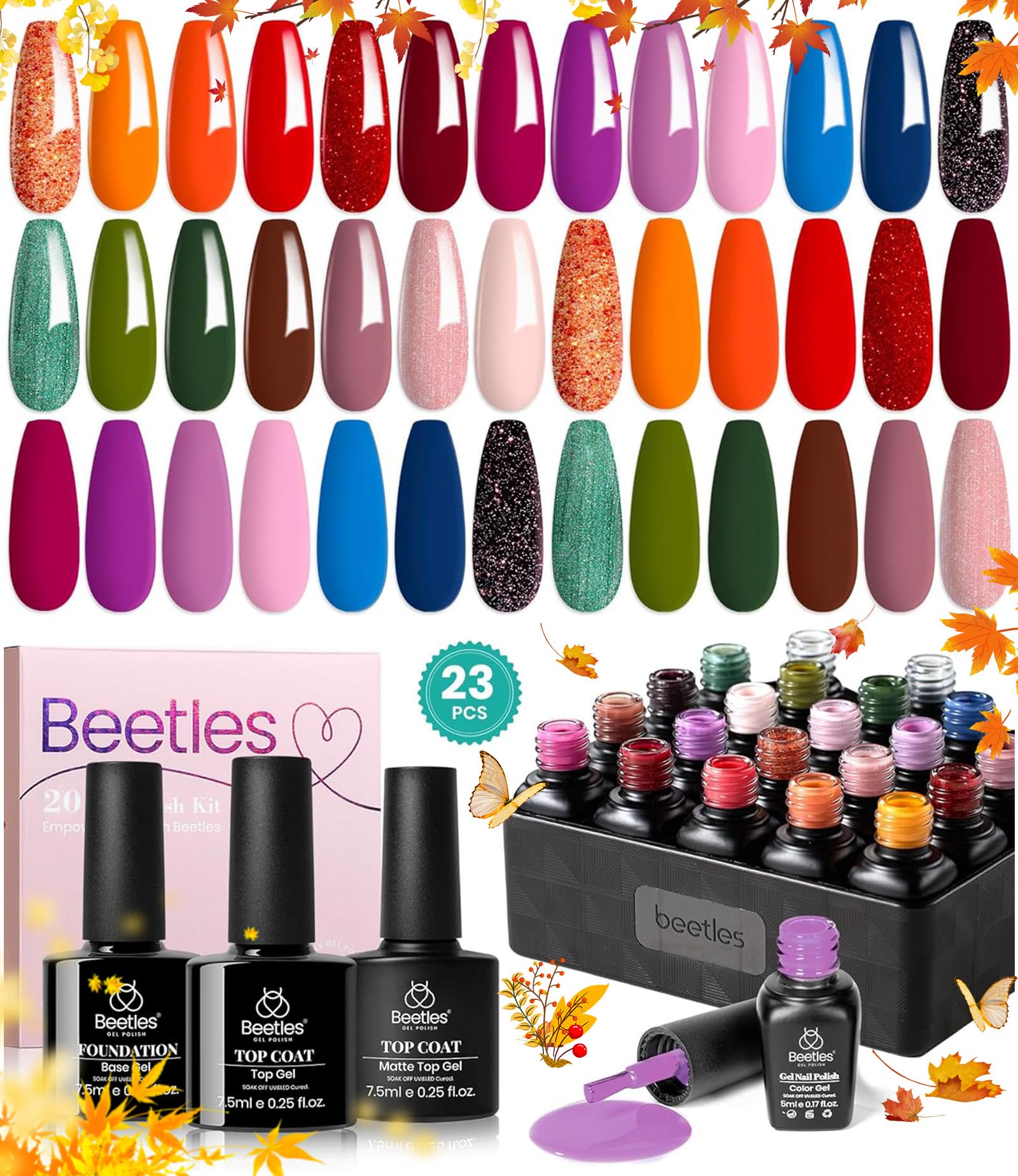 beetles Gel Polish Set Fall Gel Nail Polish Kit 36 Pcs 32 Colors with Base Top Coat Burgundy Red Blue Purple Hot Pink Green Black White Uv LED Lamp Nails Gifts for Women Fingertip Palette