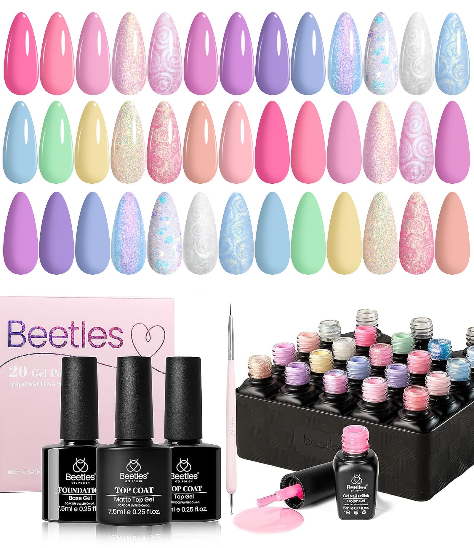 beetles Gel Polish Set Fall Gel Nail Polish Kit 36 Pcs 32 Colors with Base Top Coat Burgundy Red Blue Purple Hot Pink Green Black White Uv LED Lamp Nails Gifts for Women Fingertip Palette