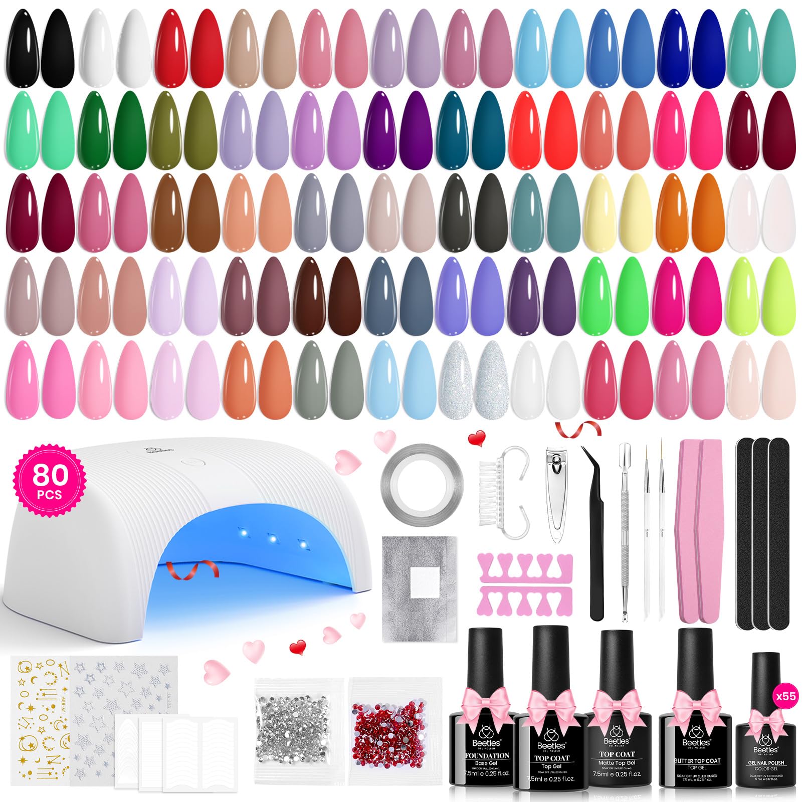 beetles Gel Polish Set Fall Gel Nail Polish Kit 36 Pcs 32 Colors with Base Top Coat Burgundy Red Blue Purple Hot Pink Green Black White Uv LED Lamp Nails Gifts for Women Fingertip Palette