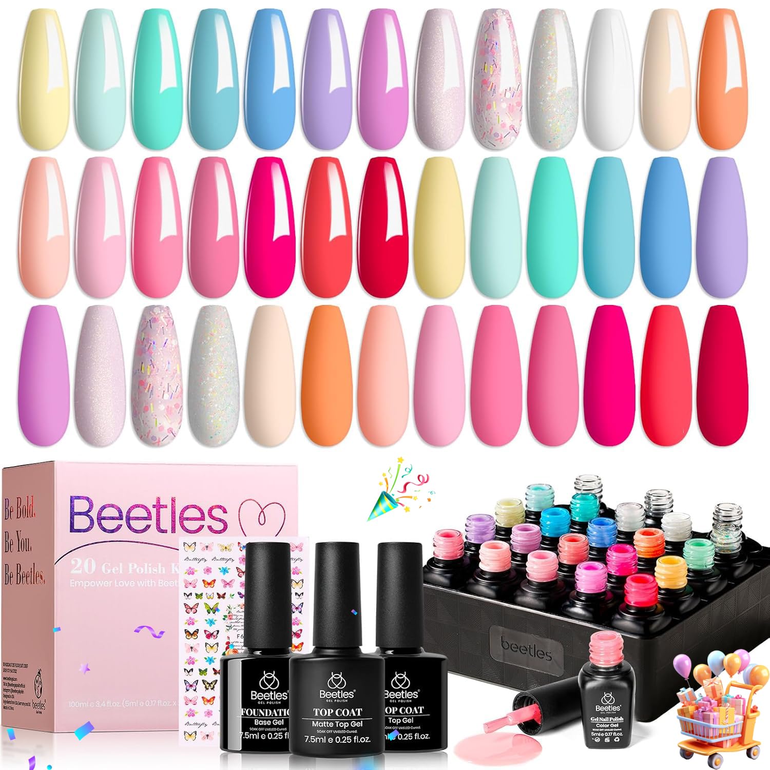 beetles Gel Polish Set Fall Gel Nail Polish Kit 36 Pcs 32 Colors with Base Top Coat Burgundy Red Blue Purple Hot Pink Green Black White Uv LED Lamp Nails Gifts for Women Fingertip Palette