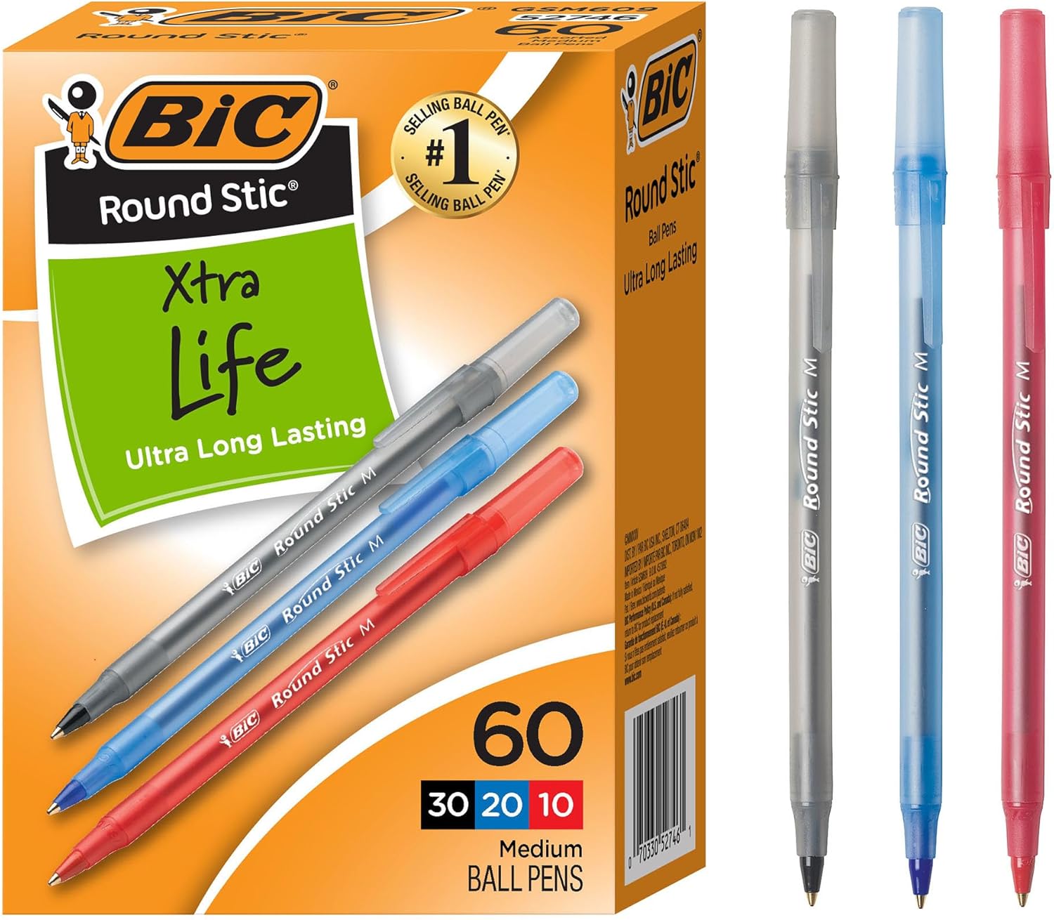 BIC Round Stic Xtra Life Ballpoint Pen, Ultra Long Lasting and Consistent Ink Flow, 60-Count in Black Ink