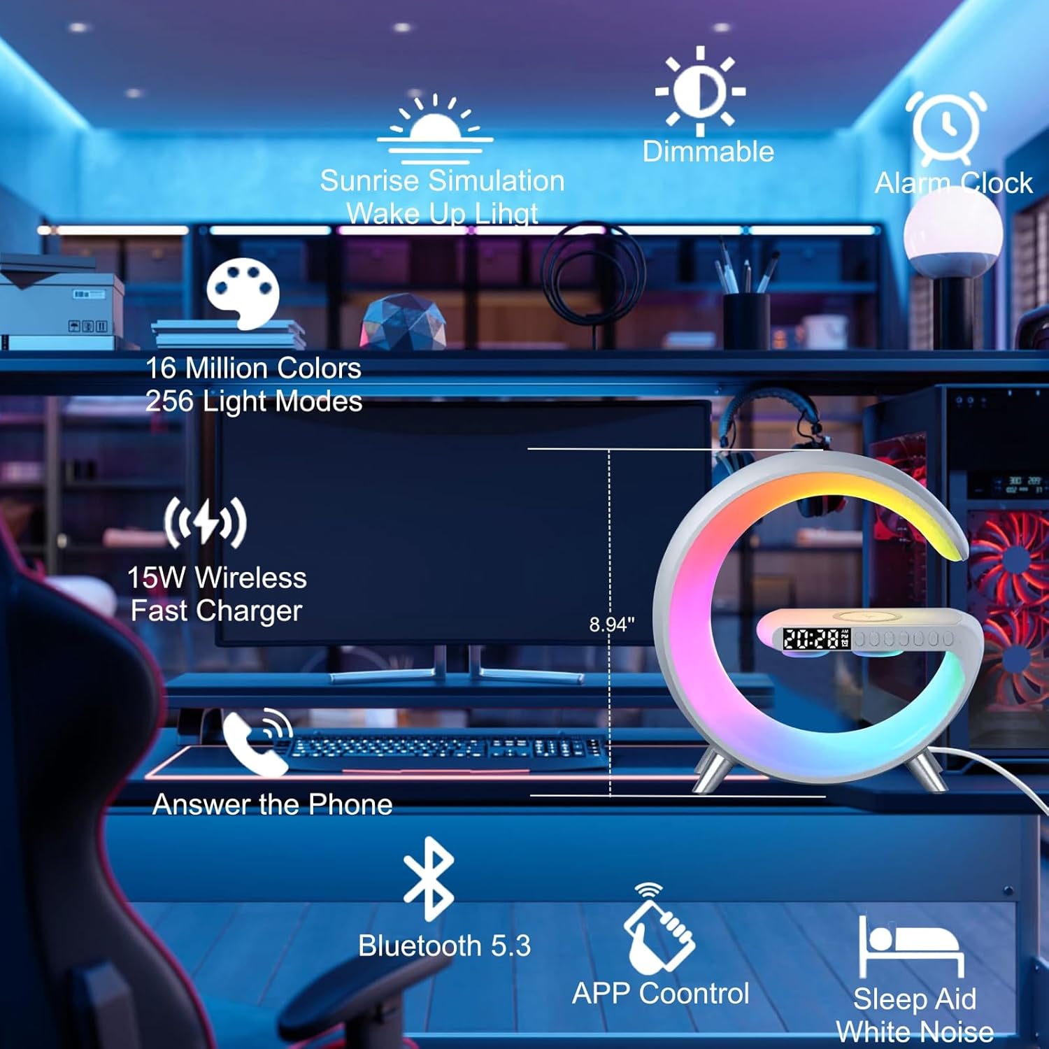 Big G Atmosphere Lamp with Bluetooth Speaker, Night Light & Solar Smart Car Air Freshener with Auto On/Off, Aluminum Alloy Body, 3 Mode