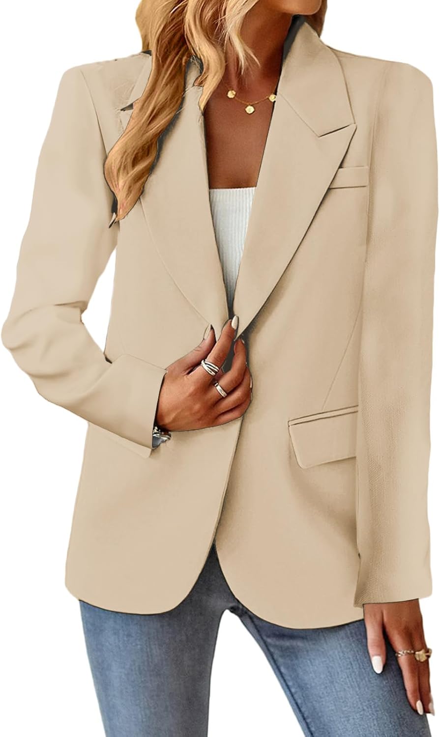 Blazers Jacket for Women 2024 Spring Summer Casual Blazer Lightweight Fashion Womens Long Work Business Lady Double-Breasted Boyfriend Petite Suit Suits Beige S