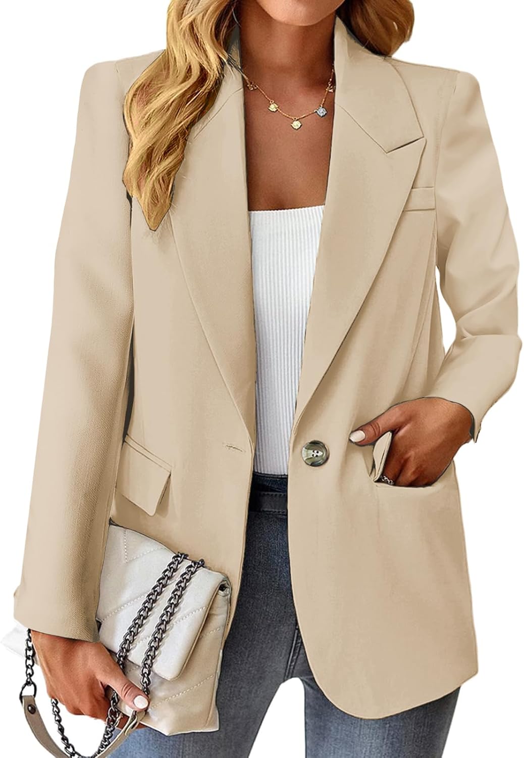 Blazers Jacket for Women 2024 Spring Summer Casual Blazer Lightweight Fashion Womens Long Work Business Lady Double-Breasted Boyfriend Petite Suit Suits Beige S