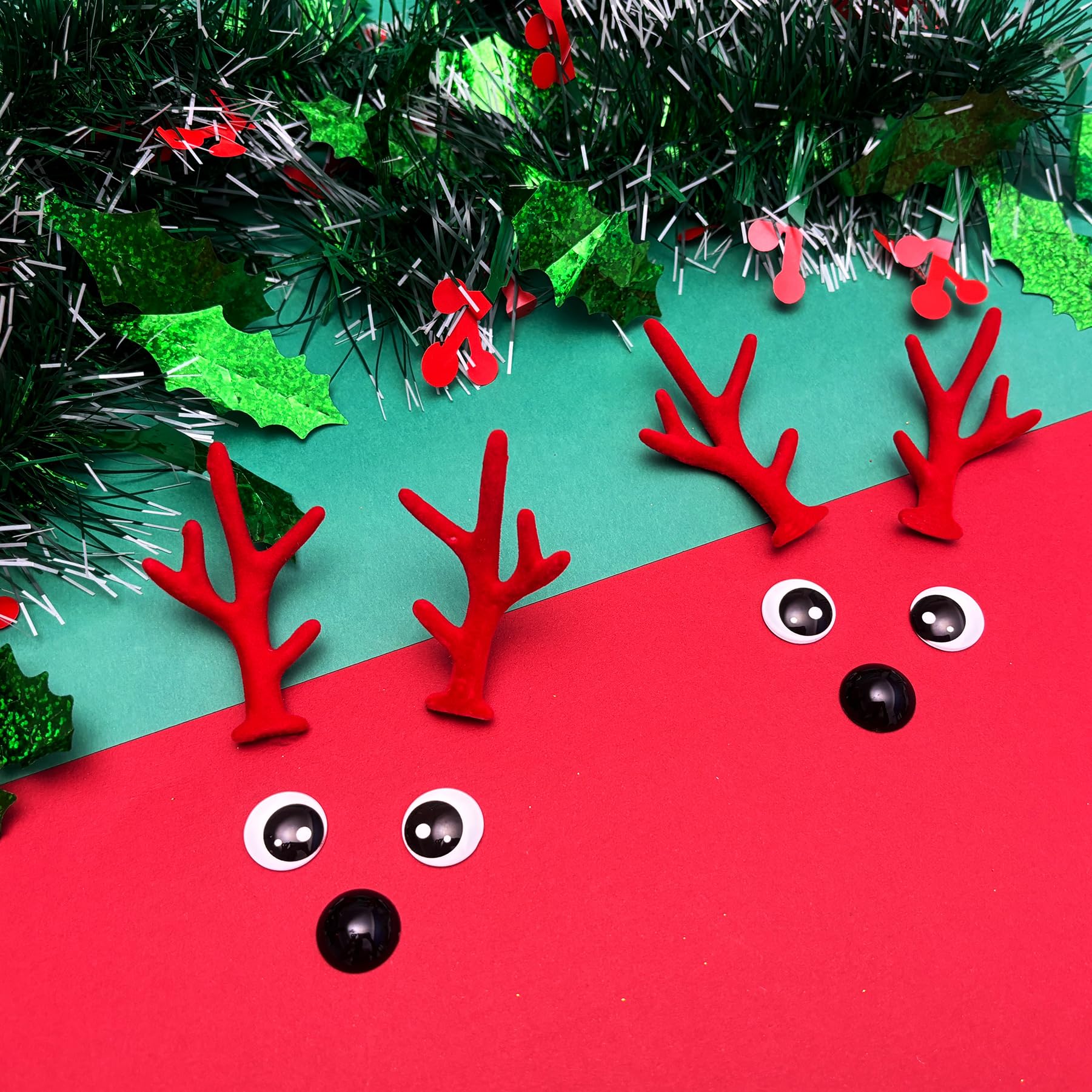 Bling Shoe Charms for Clog Sandals, 2Pairs of Lovely Reindeer Antlers, Animal Nose, Eyes Charms, Bling Glitter, Flocked Shoe Decoration Charms Accessories for Christmas Party Favor