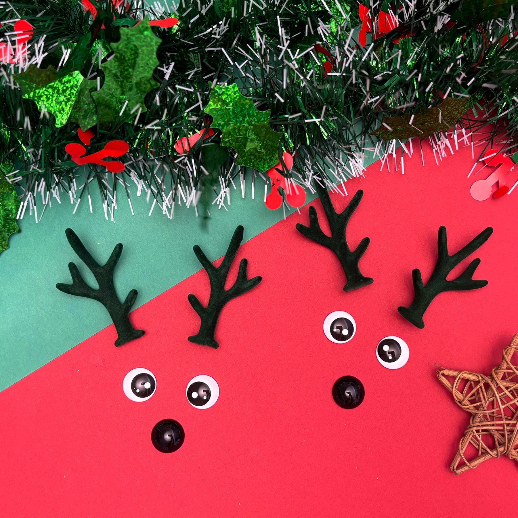 Bling Shoe Charms for Clog Sandals, 2Pairs of Lovely Reindeer Antlers, Animal Nose, Eyes Charms, Bling Glitter, Flocked Shoe Decoration Charms Accessories for Christmas Party Favor