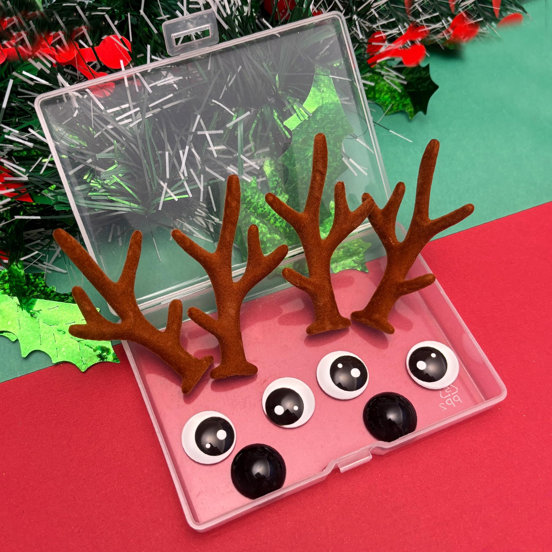 Bling Shoe Charms for Clog Sandals, 2Pairs of Lovely Reindeer Antlers, Animal Nose, Eyes Charms, Bling Glitter, Flocked Shoe Decoration Charms Accessories for Christmas Party Favor