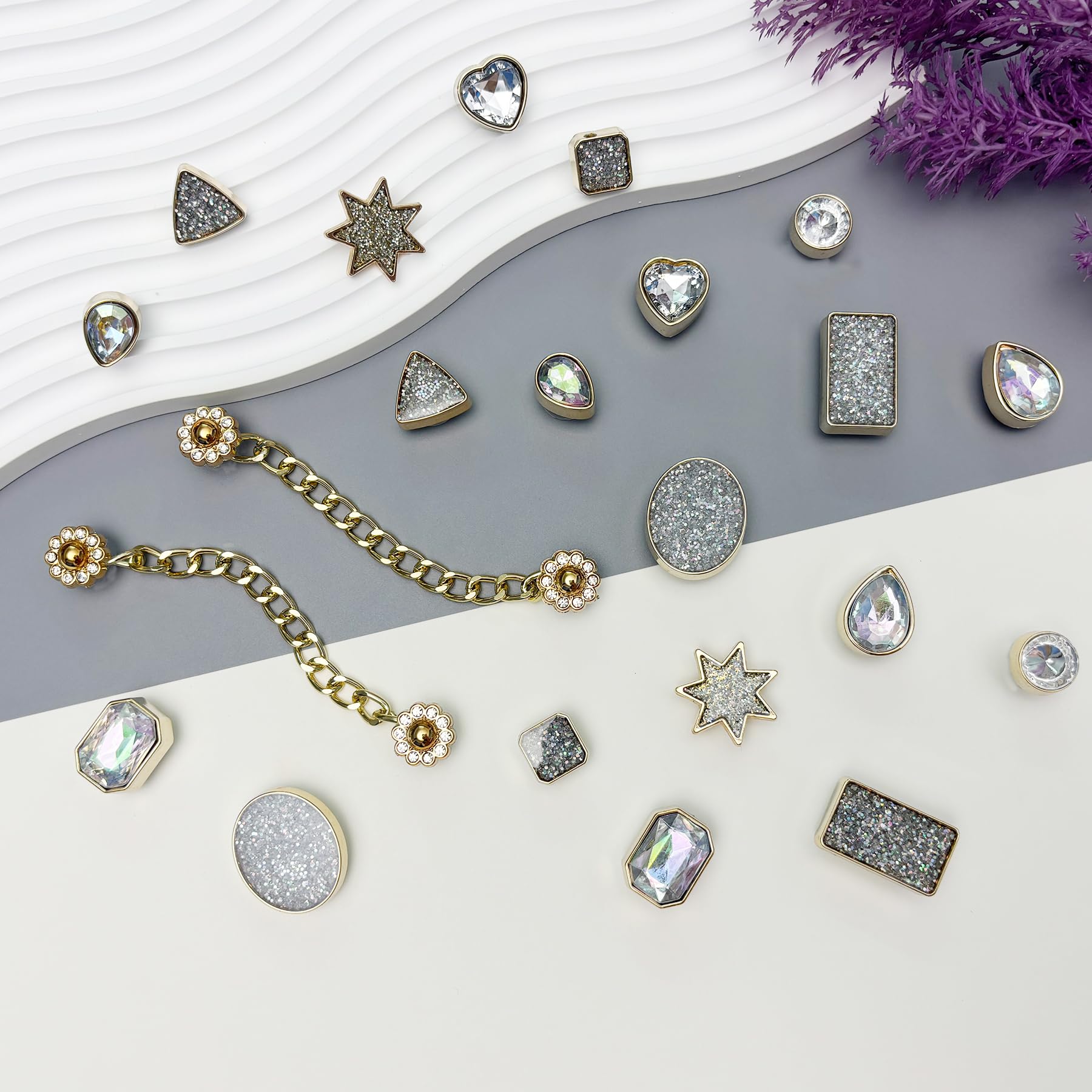 Bling Shoe Charms for Women, 22Pcs Plastic Sparkling Gems Rhinestones Shoe Decoration Charms, Girly Shoe Chains for Clog Sandals, DIY Shoe Accessories for Party Favor