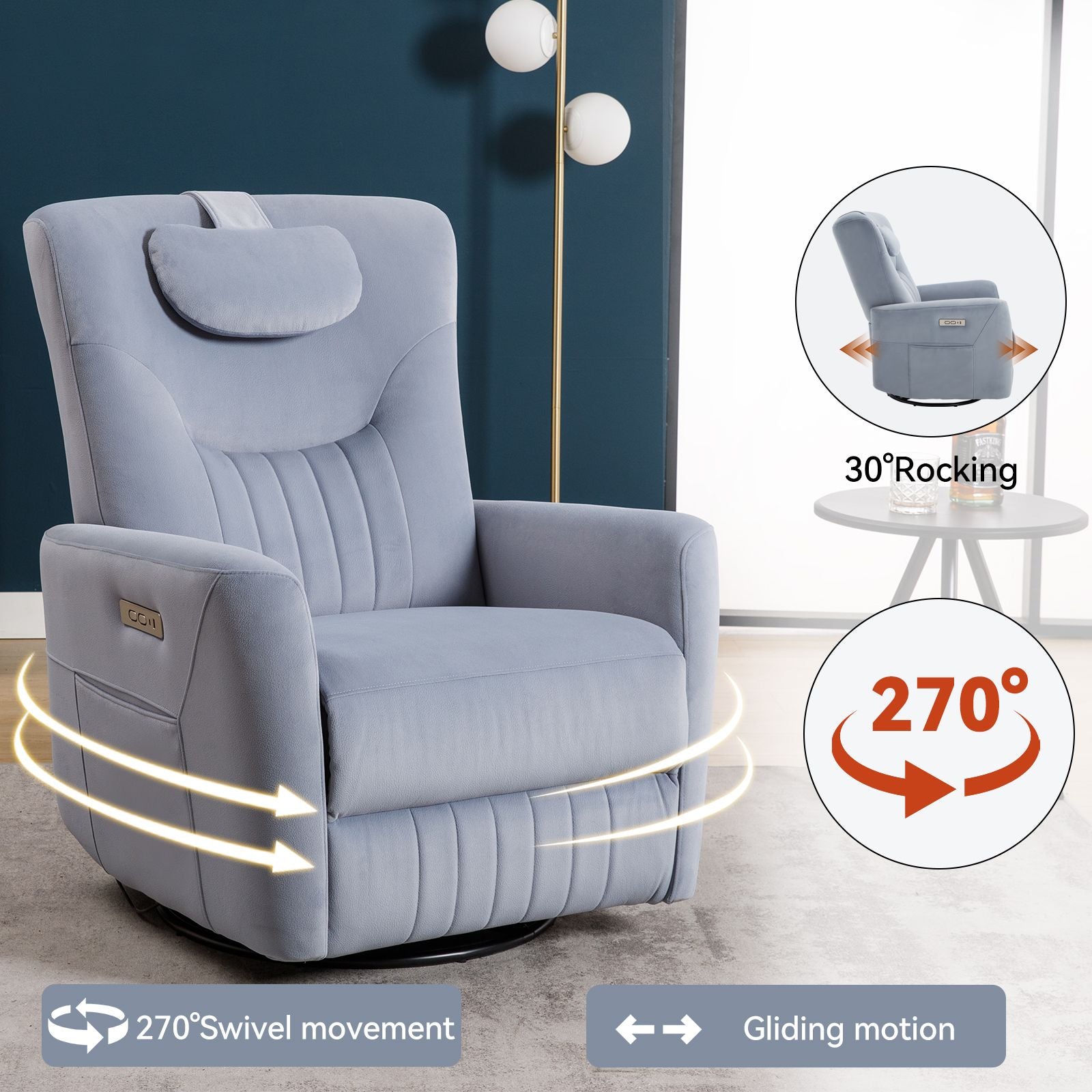Blue Swivel and Rocker Power Recliner Chair with Lumbar and Neck Support Pillow, Heavy Duty Motion Mechanism with USB and Type-C Ports