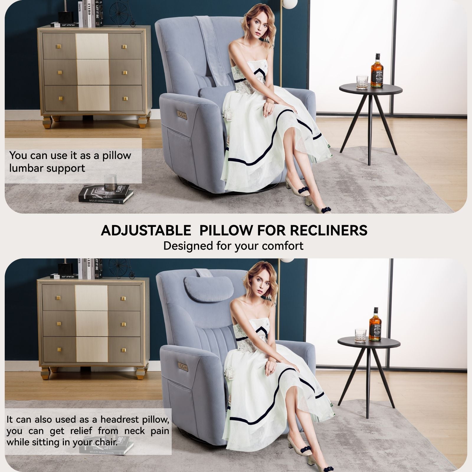 Blue Swivel and Rocker Power Recliner Chair with Lumbar and Neck Support Pillow, Heavy Duty Motion Mechanism with USB and Type-C Ports